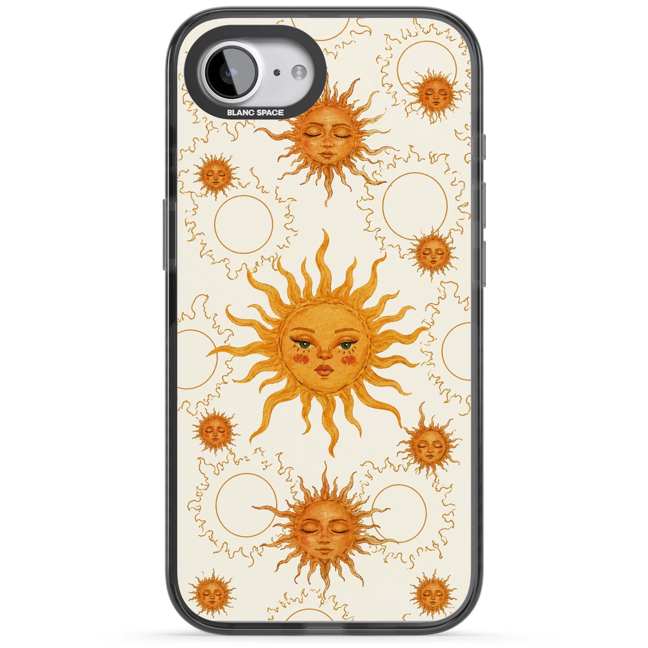 Solstice Muse celestial iPhone case featuring hand-painted golden sun faces, closed-eye sun goddesses and outlined moons... | Black Impact Magsafe case for iPhone 16e, iPhone 17e