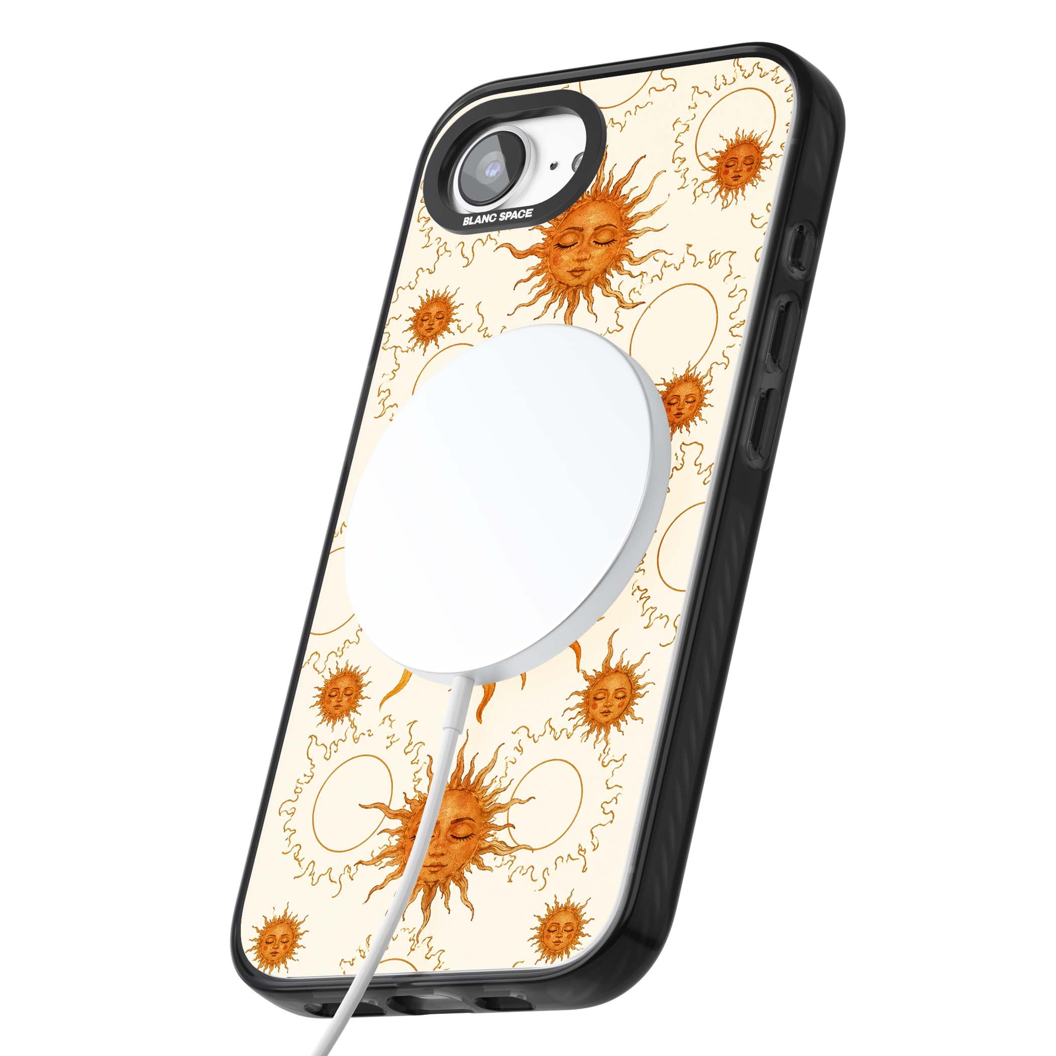 Solstice Muse celestial iPhone case featuring hand-painted golden sun faces, closed-eye sun goddesses and outlined moons... | Black Impact Magsafe case for iPhone 16e, iPhone 17e