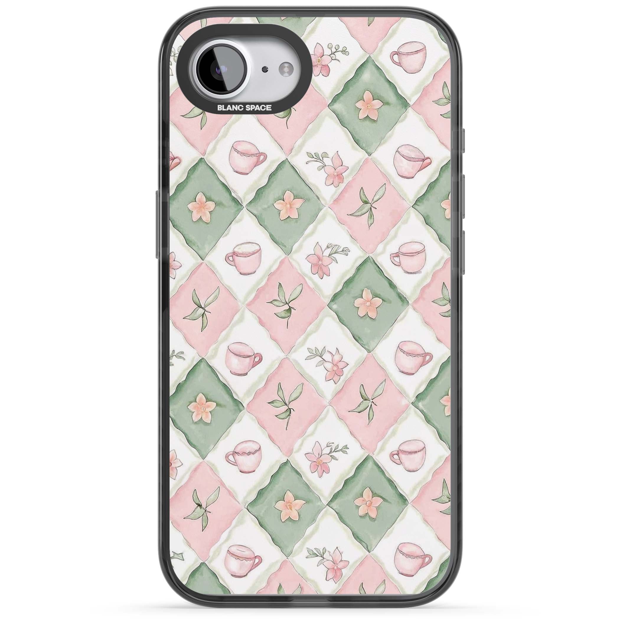 Garden Tea Party coquette iPhone case with pink and green checkered pattern, watercolour teacups and wildflowers | Black Impact Magsafe case for iPhone 16e, iPhone 17e