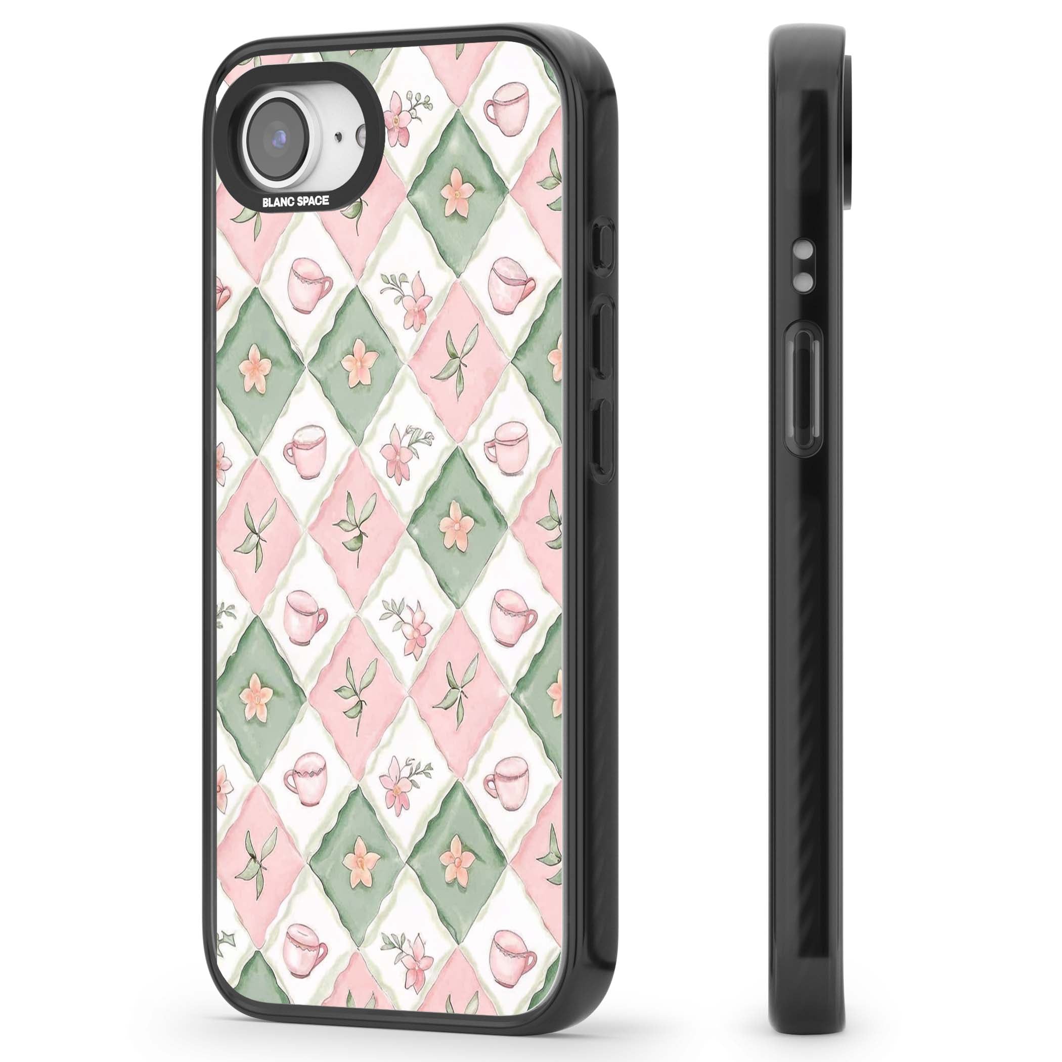 Garden Tea Party coquette iPhone case with pink and green checkered pattern, watercolour teacups and wildflowers | Black Impact Magsafe case for iPhone 16e, iPhone 17e