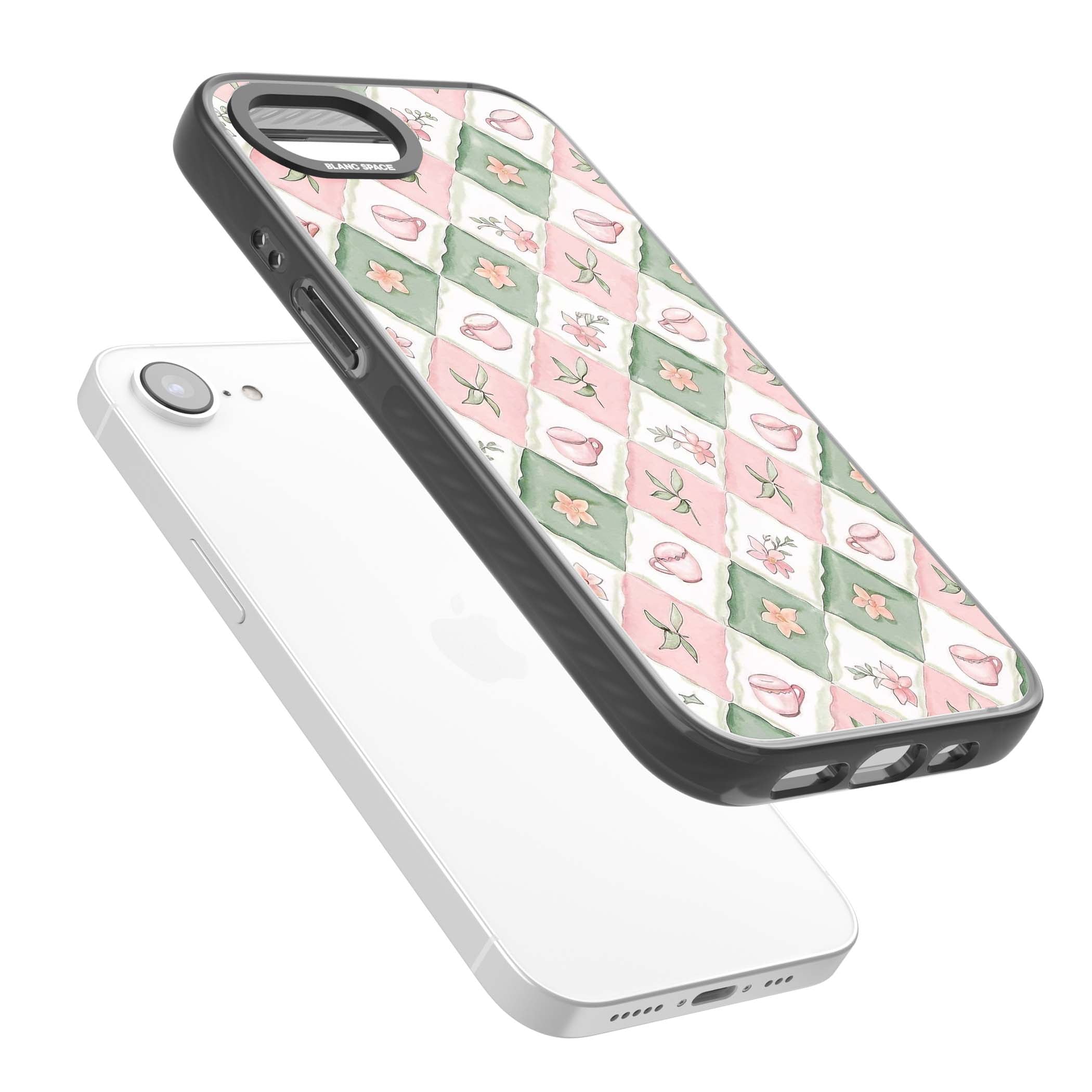 Garden Tea Party coquette iPhone case with pink and green checkered pattern, watercolour teacups and wildflowers | Black Impact Magsafe case for iPhone 16e, iPhone 17e