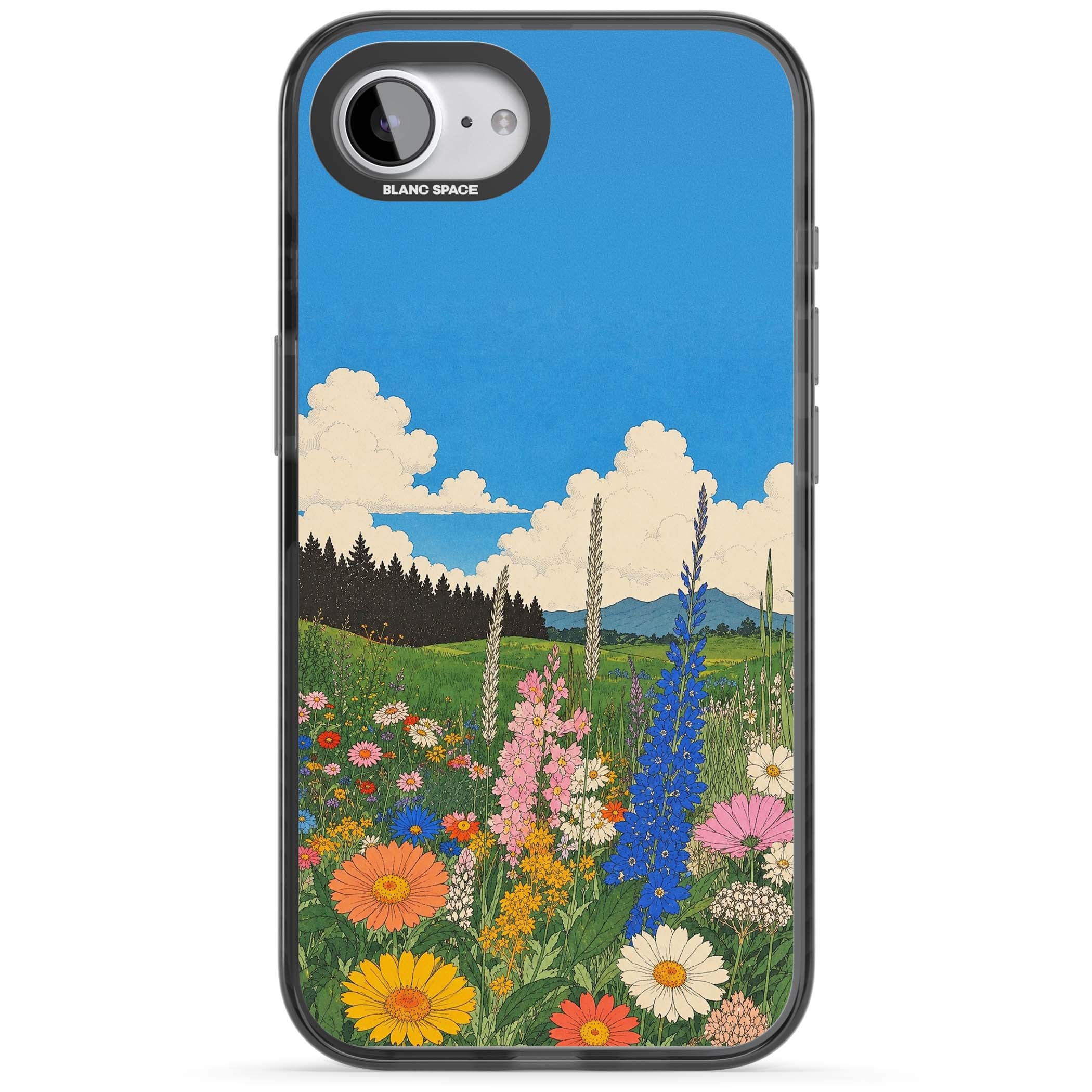 Wildbloom wildflower iPhone case featuring a vintage Japanese-style meadow landscape with daisies, delphiniums and moun | Black Impact Magsafe case for iPhone 16e, iPhone 17e