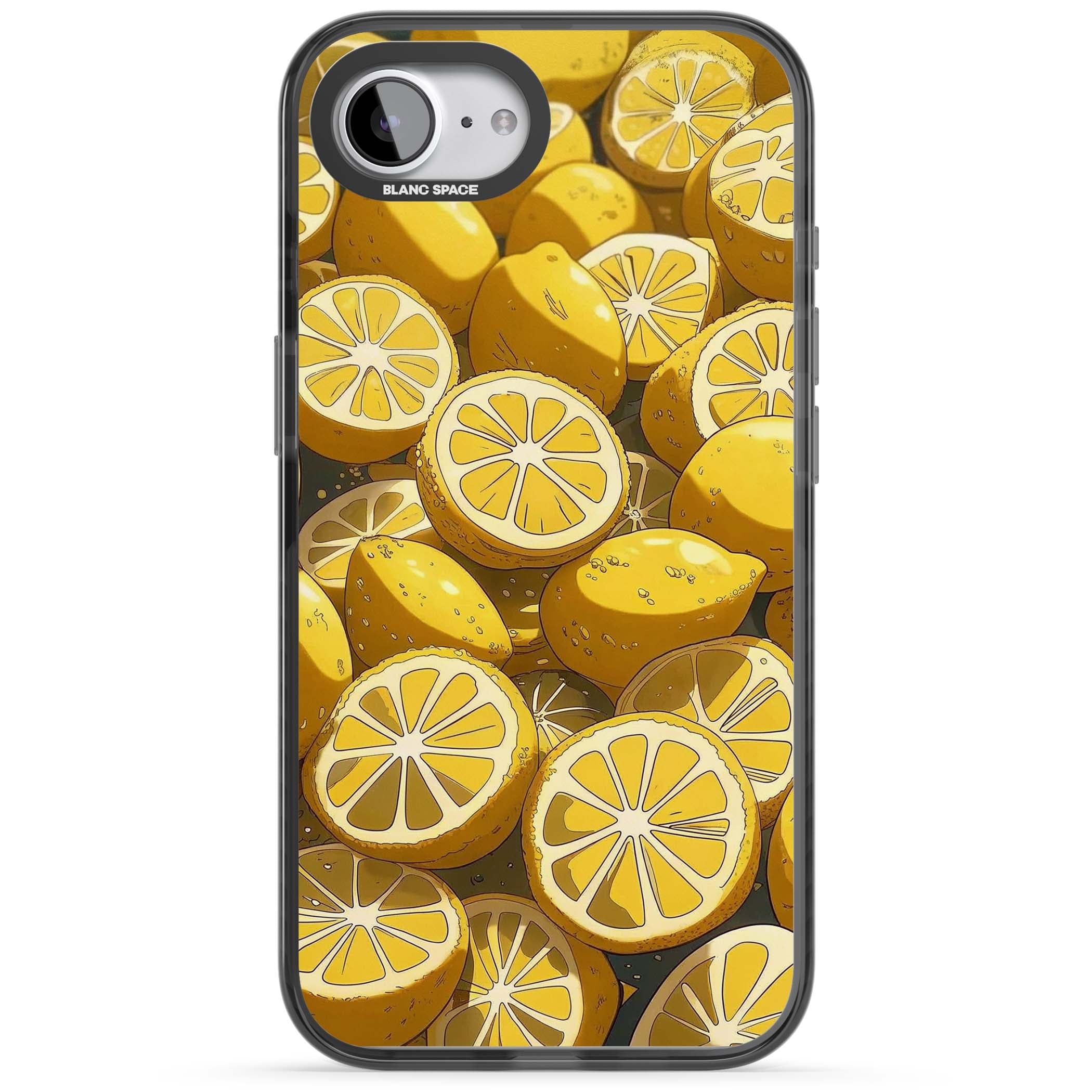 Zesty coastal iPhone case featuring illustrated Mediterranean lemons and citrus slices in golden yellow | Black Impact Magsafe case for iPhone 16e, iPhone 17e