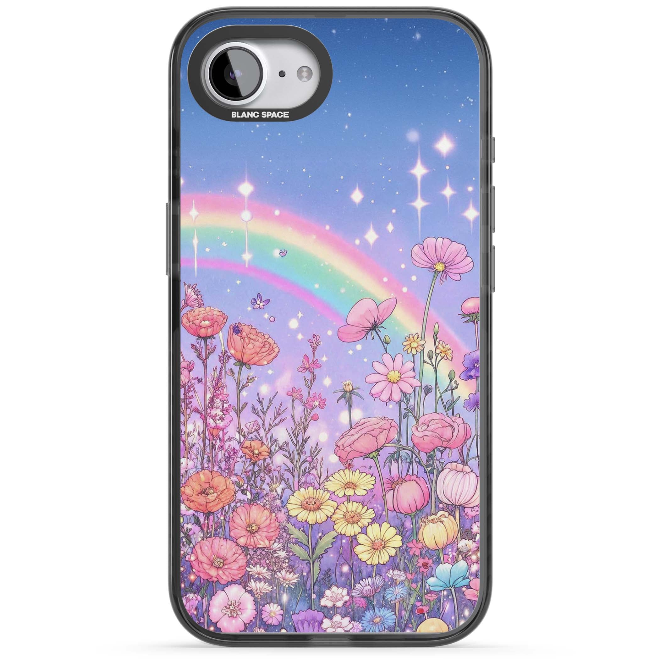 Magical Meadow fairycore iPhone case featuring a pastel rainbow, sparkling stars and a wildflower meadow | Black Impact case for iPhone 16e, iPhone 17e