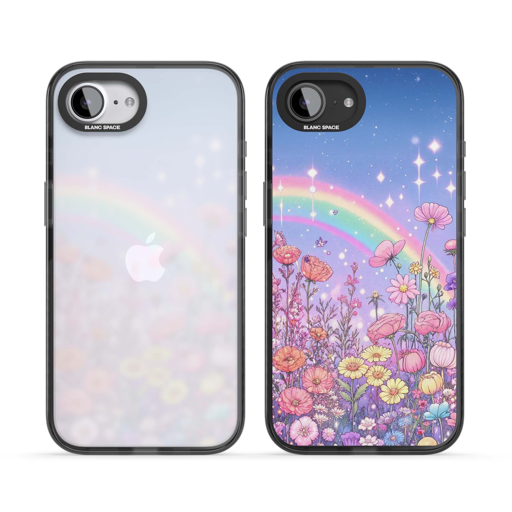 Magical Meadow fairycore iPhone case featuring a pastel rainbow, sparkling stars and a wildflower meadow | Black Impact case for iPhone 16e, iPhone 17e