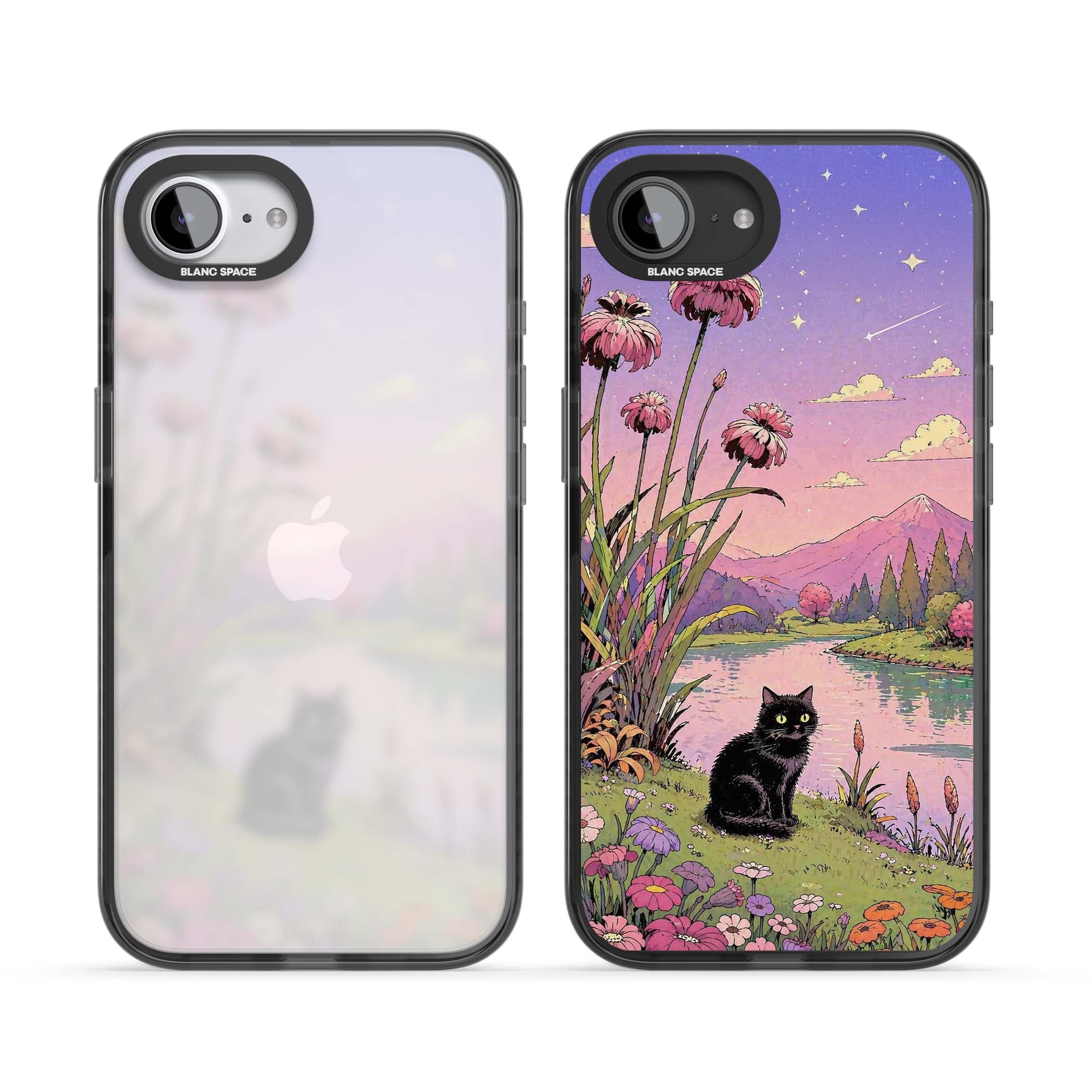 Mystic Whiskers ghibli iPhone case featuring a black cat by a pastel lake, wildflowers and a starry sunset sky | Black Impact case for iPhone 16e, iPhone 17e