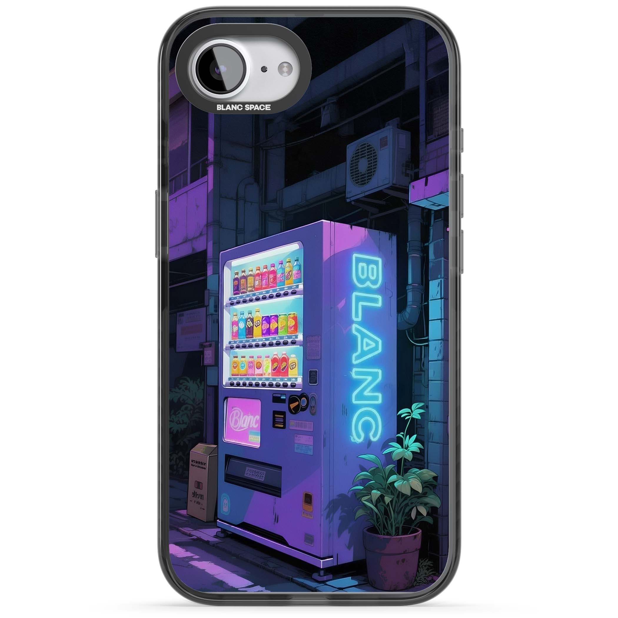 Shibuya Glow Japanese iPhone case featuring a glowing Tokyo vending machine, neon signage, and moody purple alleyway | Black Impact case for iPhone 16e, iPhone 17e