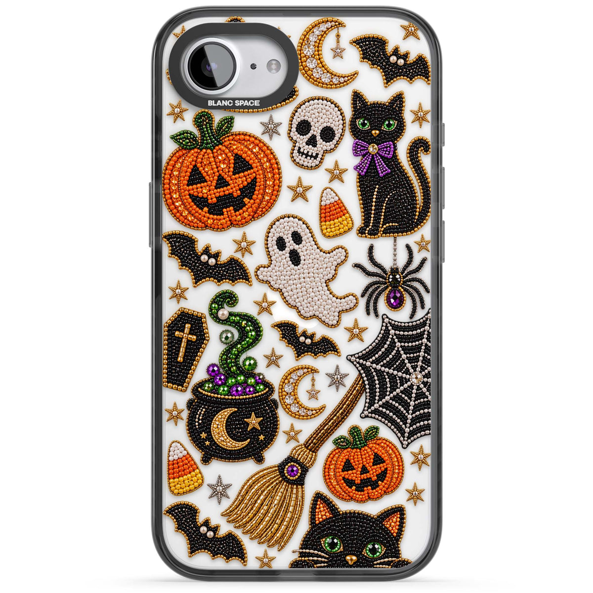Beaded Halloween Halloween iPhone case featuring beaded pumpkins, ghosts, black cats and bats | Black Impact case for iPhone 16e, iPhone 17e