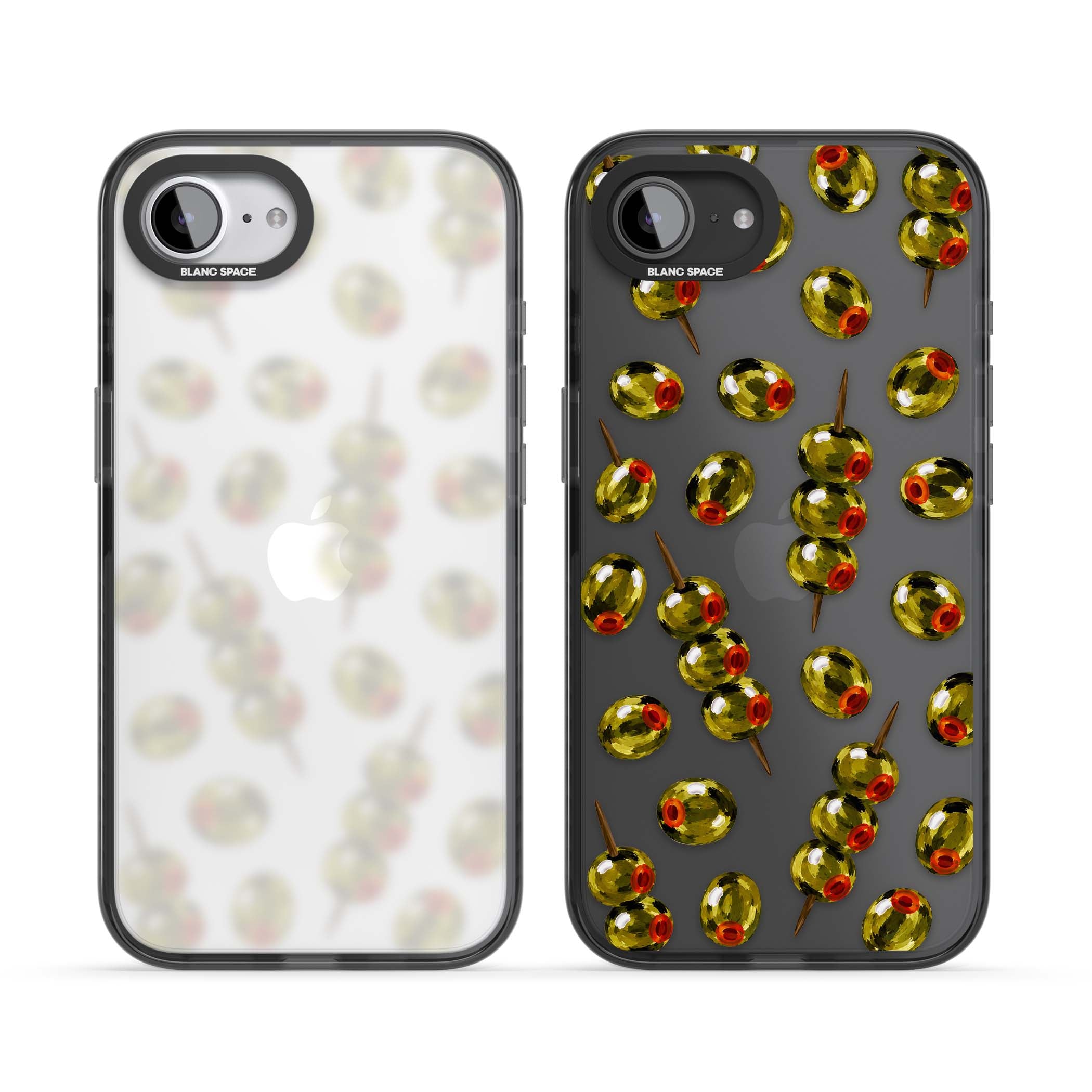 Painted Olives cocktail iPhone case featuring green olives, pimento centres and toothpick skewers on a clear background | Black Impact case for iPhone 16e, iPhone 17e