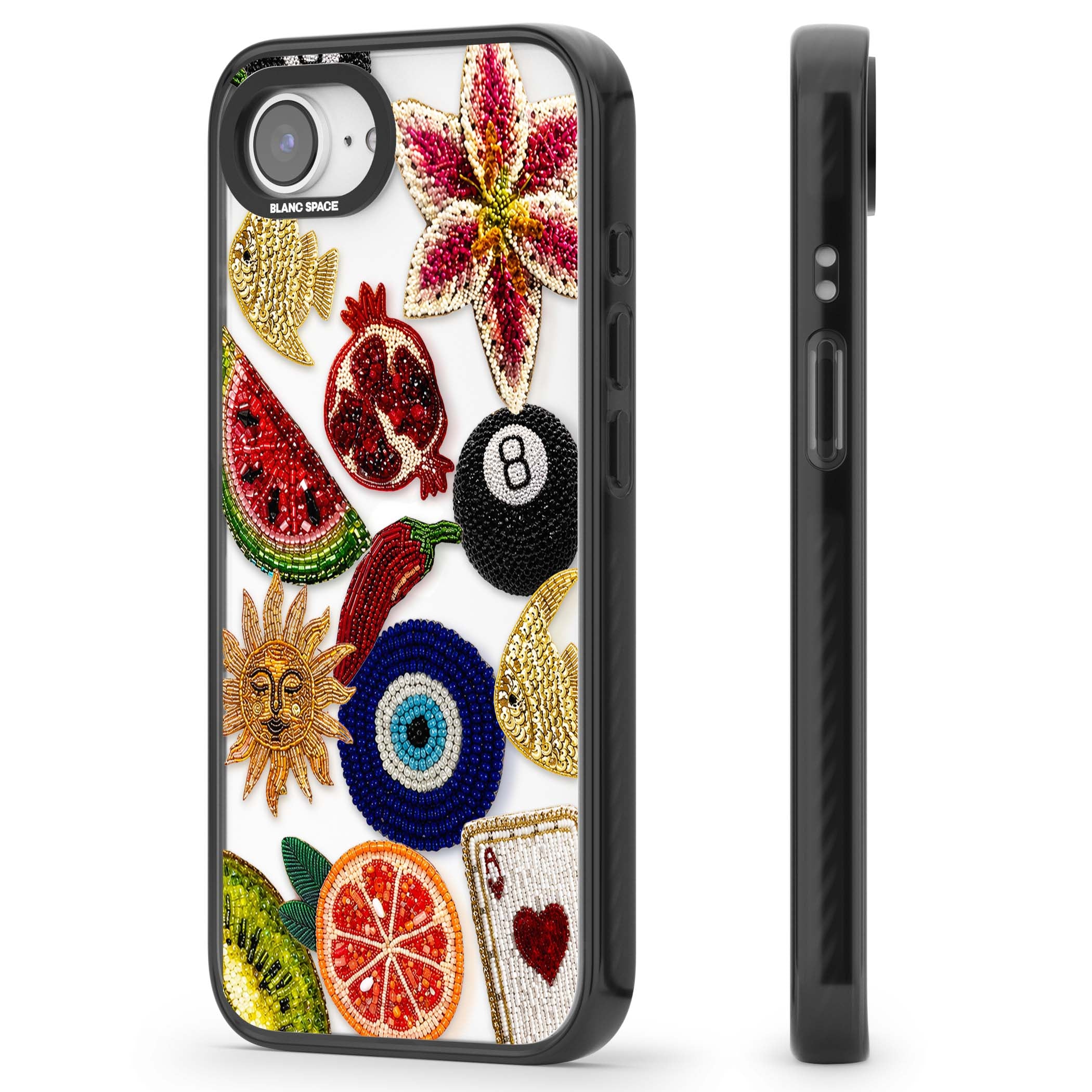 Beaded Charms embroidery iPhone case featuring beaded evil eye, fruit patches and a golden sun motif | Black Impact case for iPhone 16e, iPhone 17e