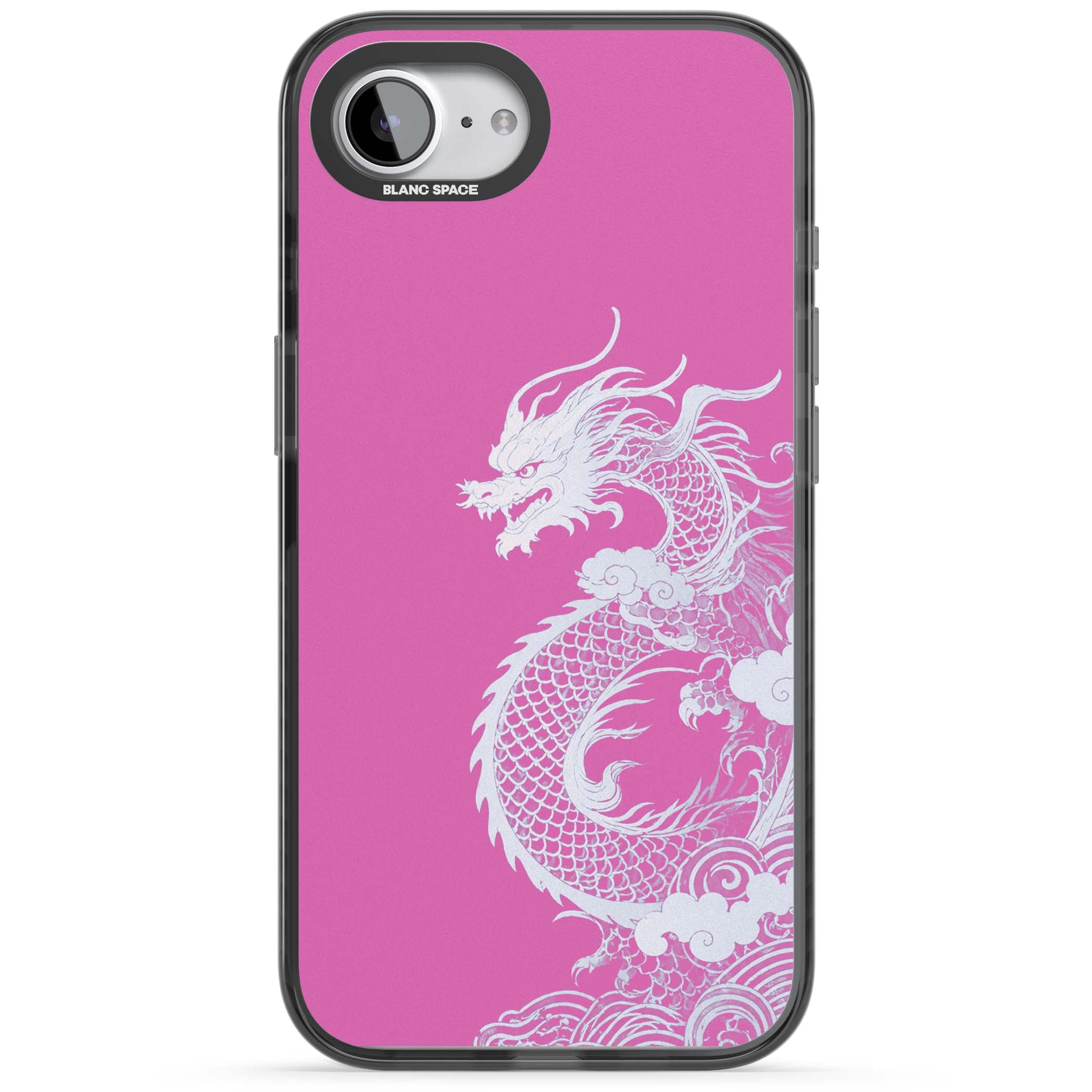 Pink Empress chinese dragon iPhone case featuring a white dragon, swirling clouds and pink dragon wallpaper backdrop | Black Impact case for iPhone 16e, iPhone 17e