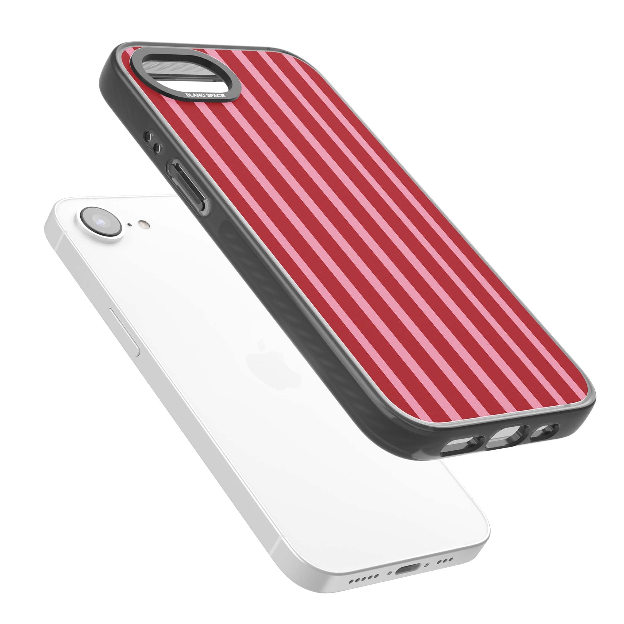 Raspberry Stripe coquette iPhone case featuring red and pink vertical stripes in a candy-inspired pattern | Black Impact case for iPhone 16e, iPhone 17e