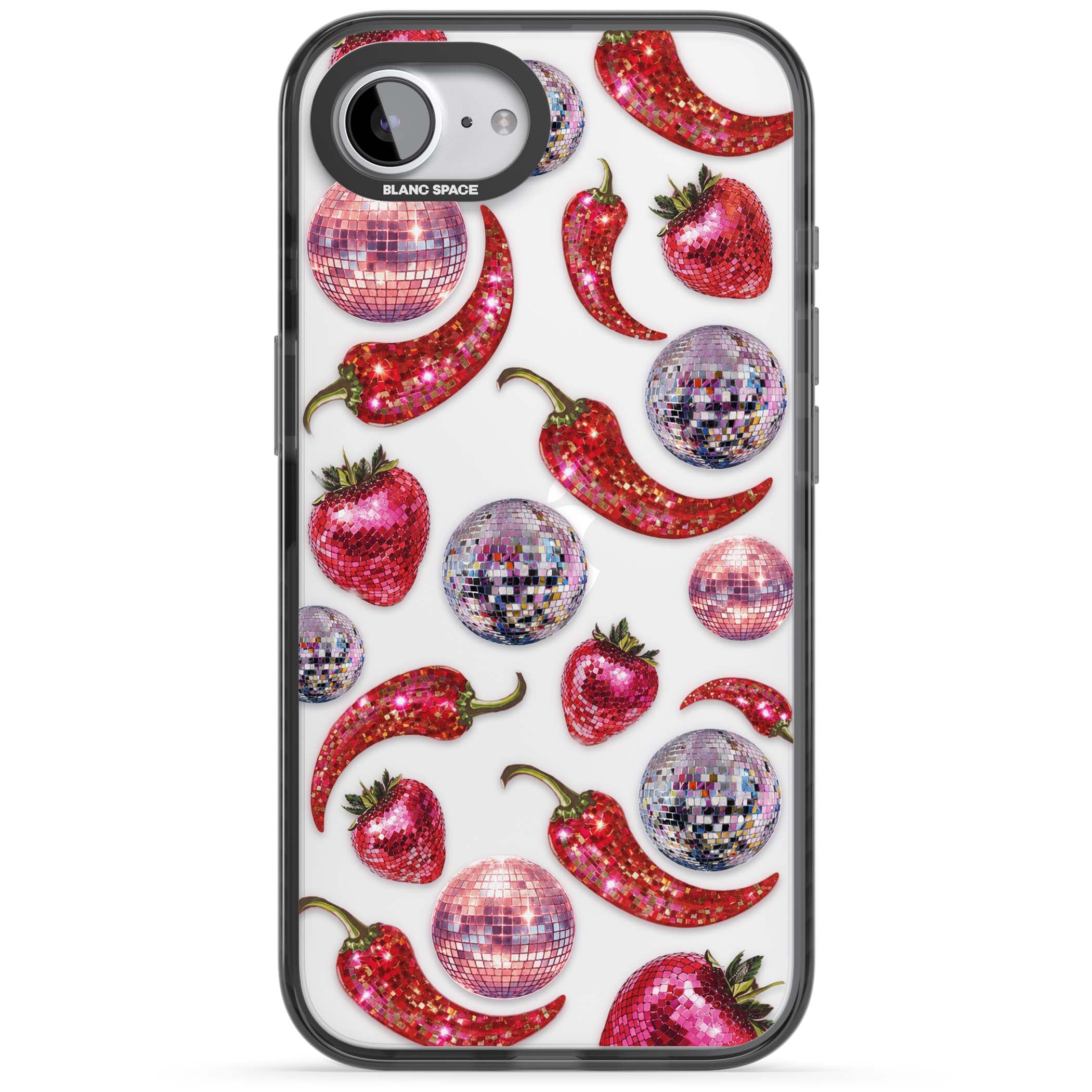 Spicy Disco Y2K iPhone case featuring glitter disco balls, sparkly strawberries and red chilli peppers | Black Impact case for iPhone 16e, iPhone 17e