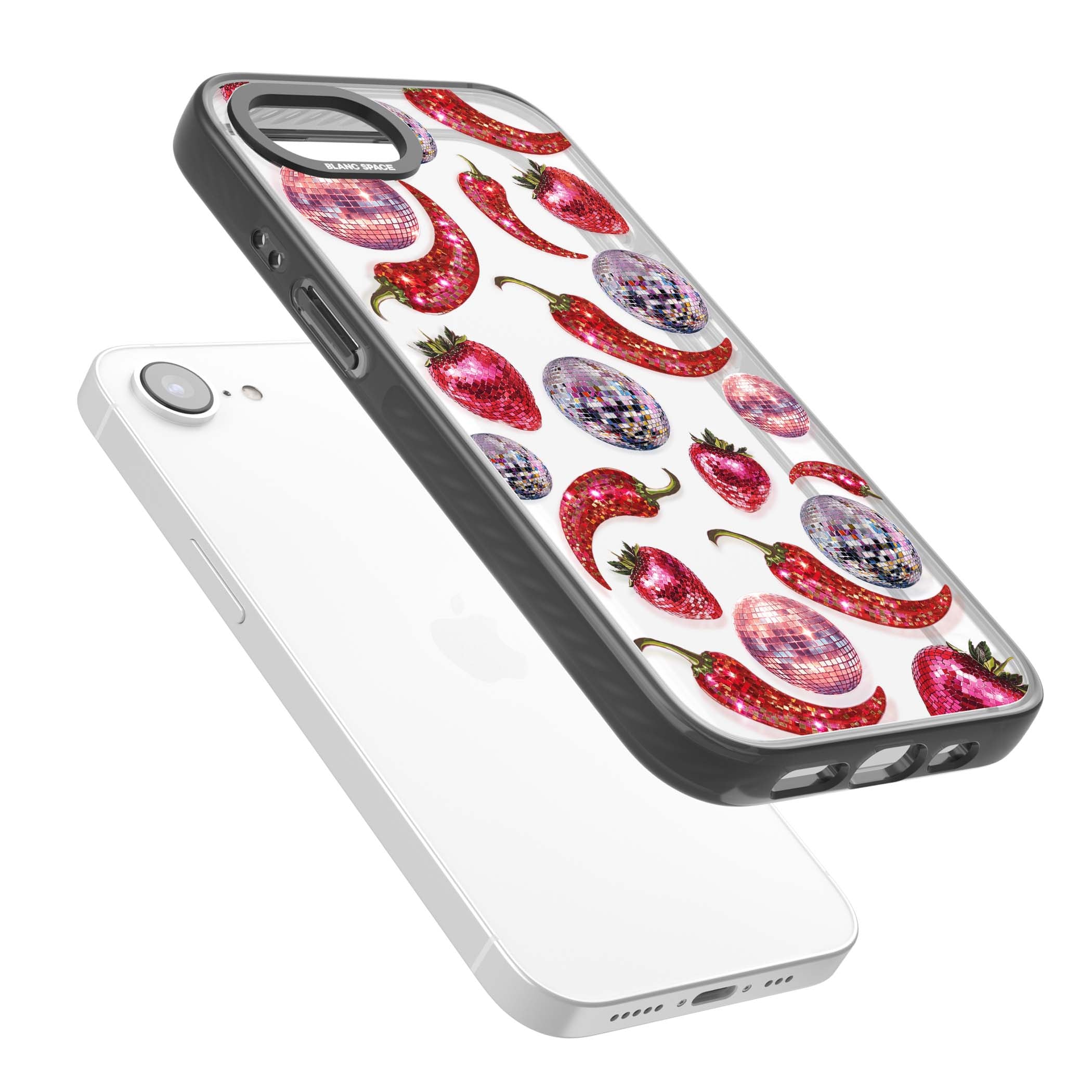 Spicy Disco Y2K iPhone case featuring glitter disco balls, sparkly strawberries and red chilli peppers | Black Impact case for iPhone 16e, iPhone 17e