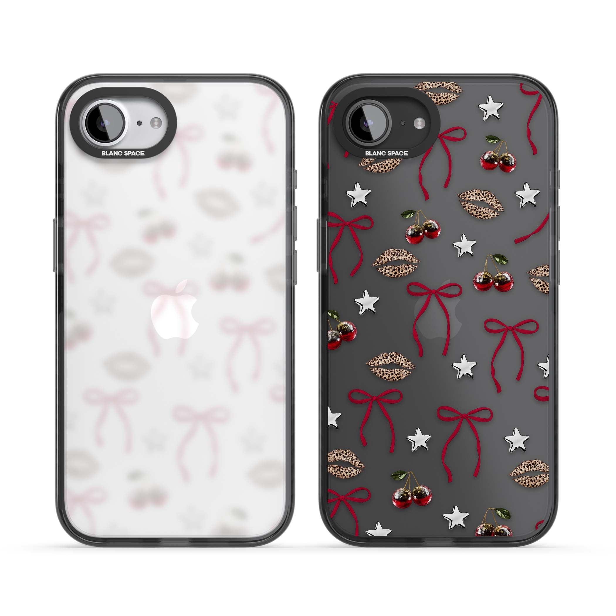 Starlet coquette iPhone case featuring red ribbon bows, disco cherries and leopard-print lips | Black Impact case for iPhone 16e, iPhone 17e