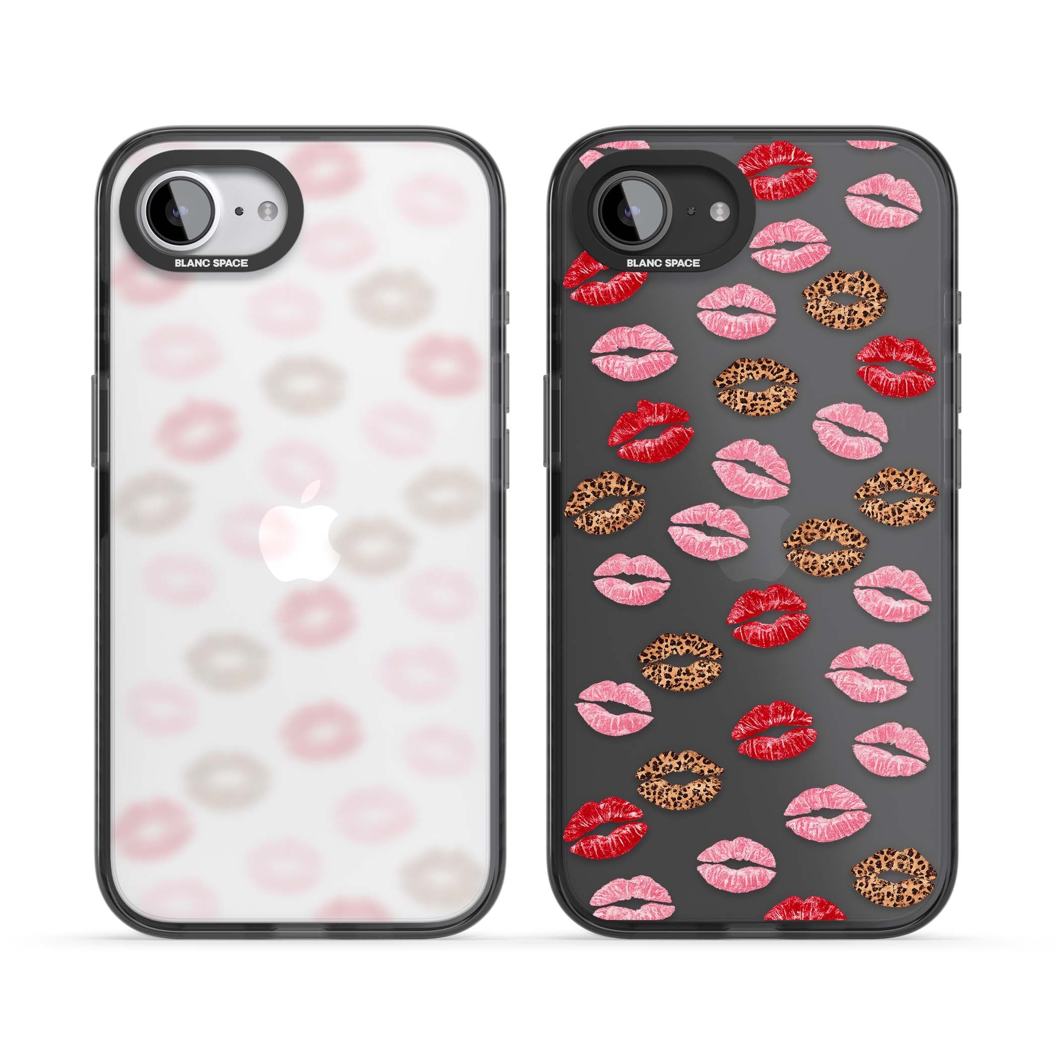 Wild Kisses coquette iPhone case featuring red, pink and leopard print lipstick kiss marks on a clear background | Black Impact case for iPhone 16e, iPhone 17e