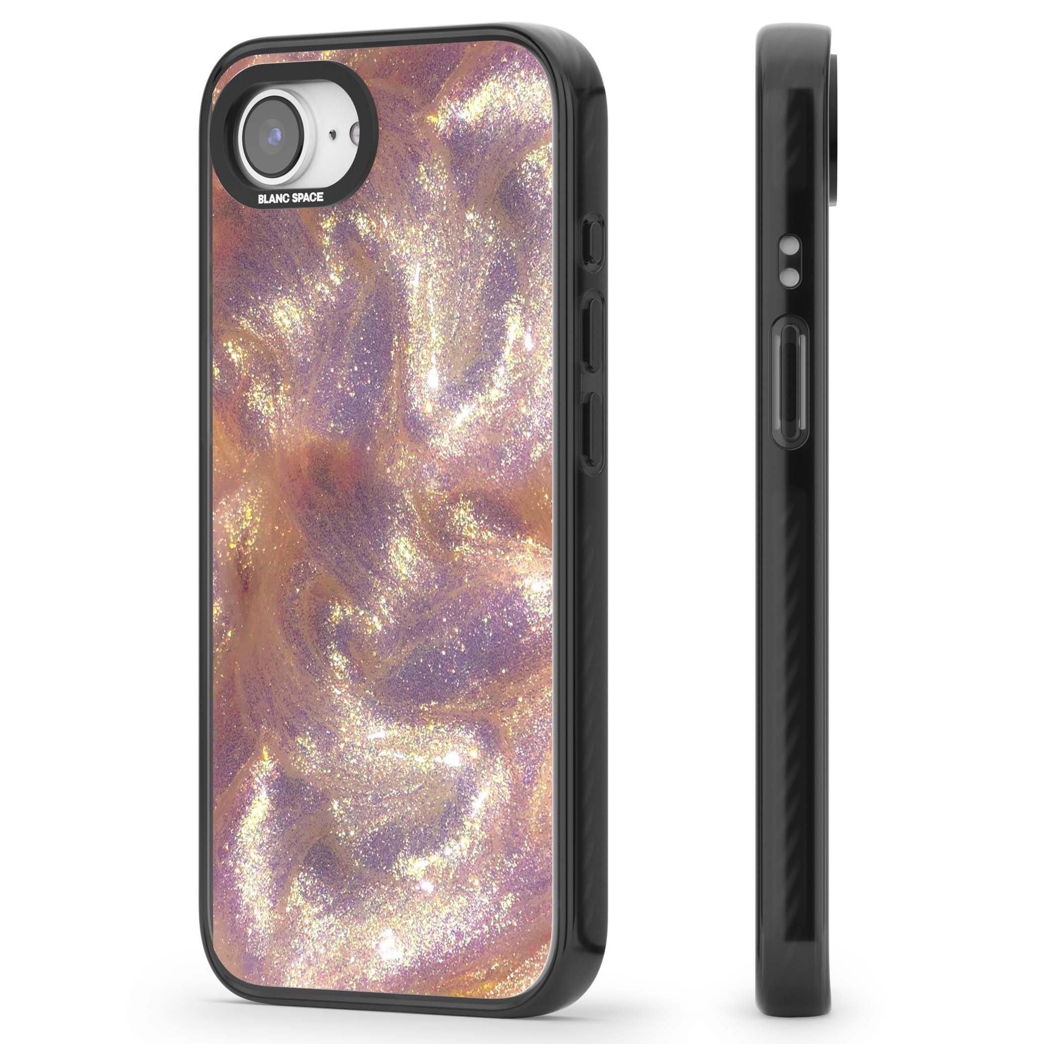 Shimmer marble iPhone case featuring rose gold glitter swirls, lilac shimmer and iridescent pearl finish | Black Impact case for iPhone 16e, iPhone 17e