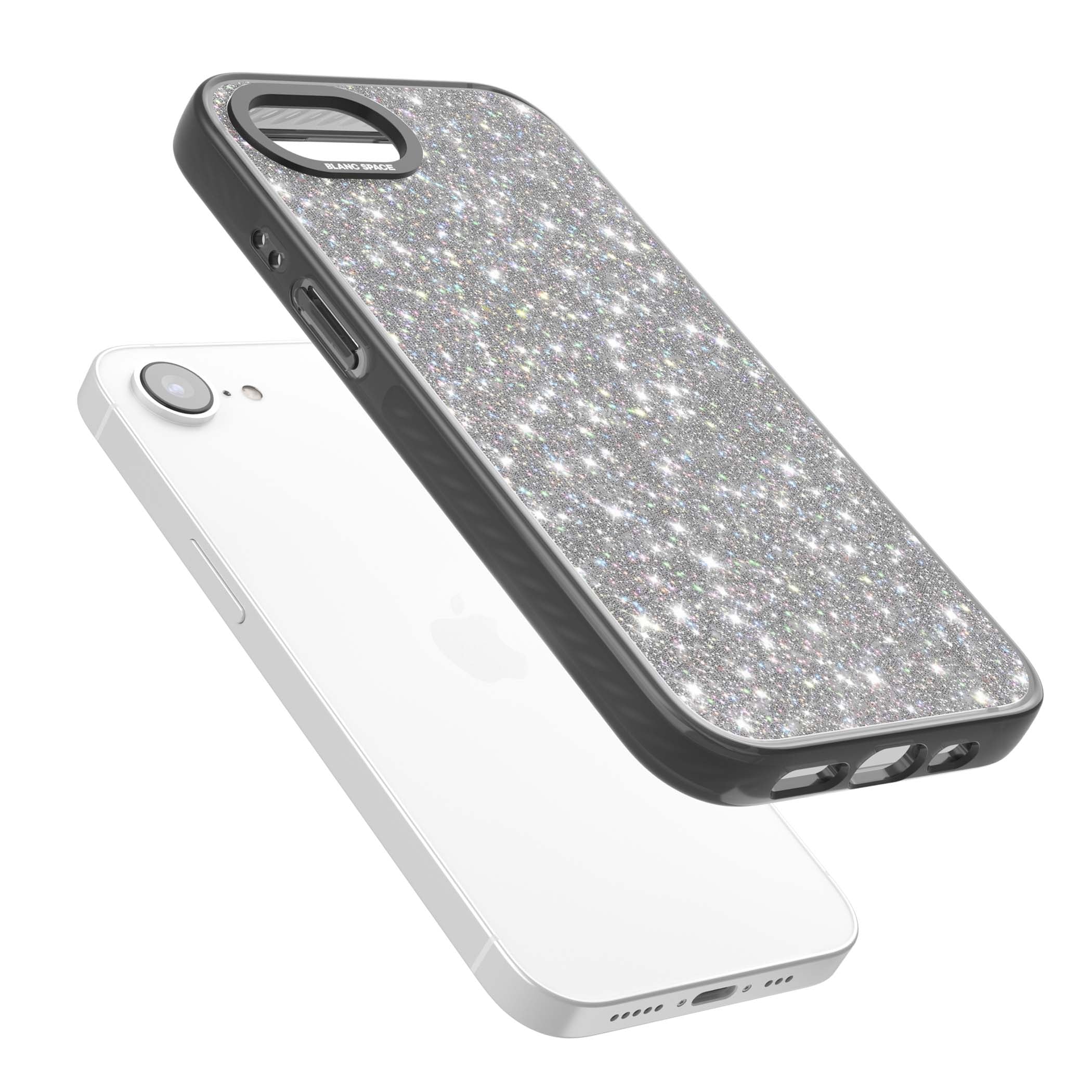 Diamond glam iPhone case featuring silver glitter sparkle and shimmering diamond dust effect | Black Impact case for iPhone 16e, iPhone 17e