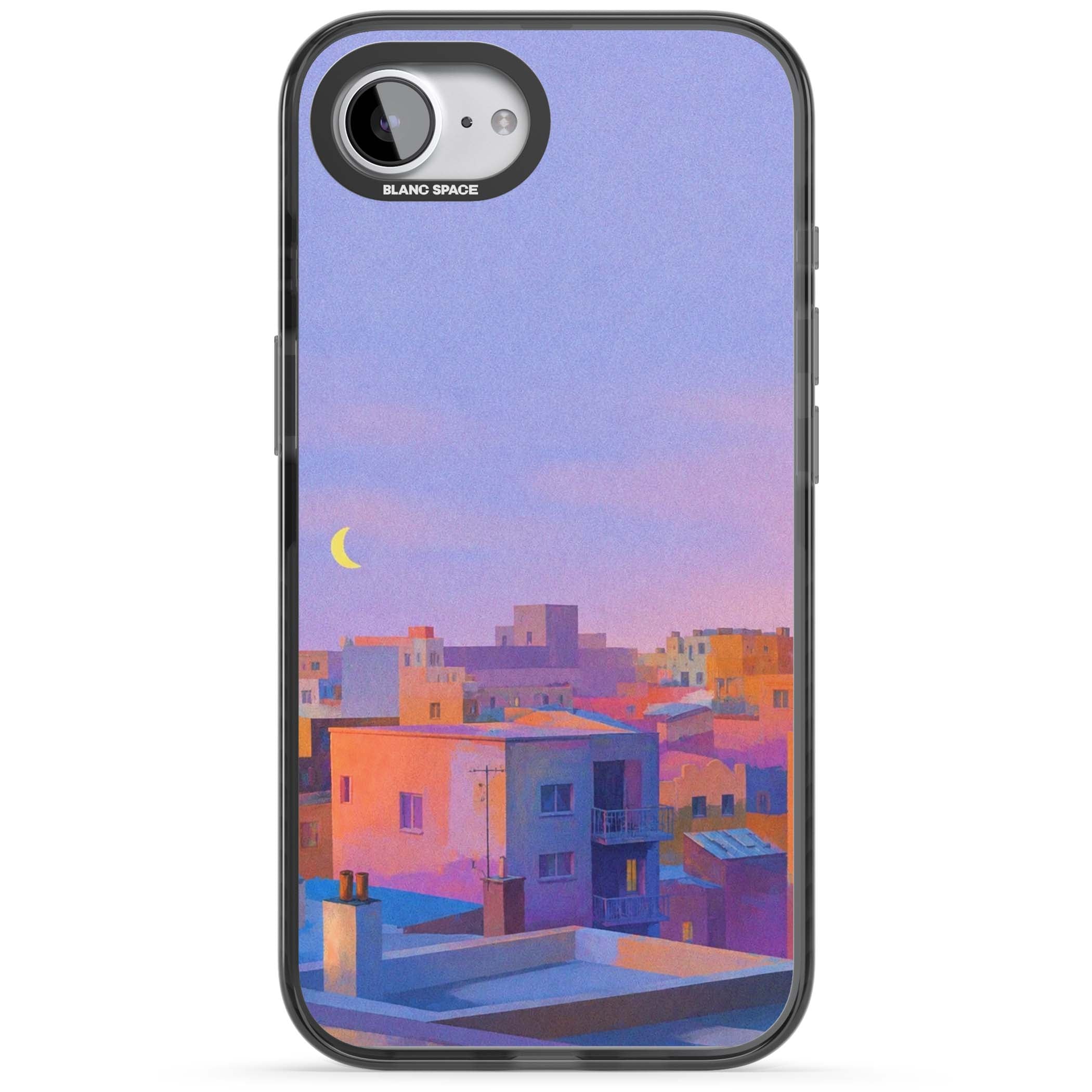Twilight Rooftops vaporwave iPhone case featuring a pastel sunset cityscape, painted rooftops and a crescent moon. | Black Impact case for iPhone 16e, iPhone 17e