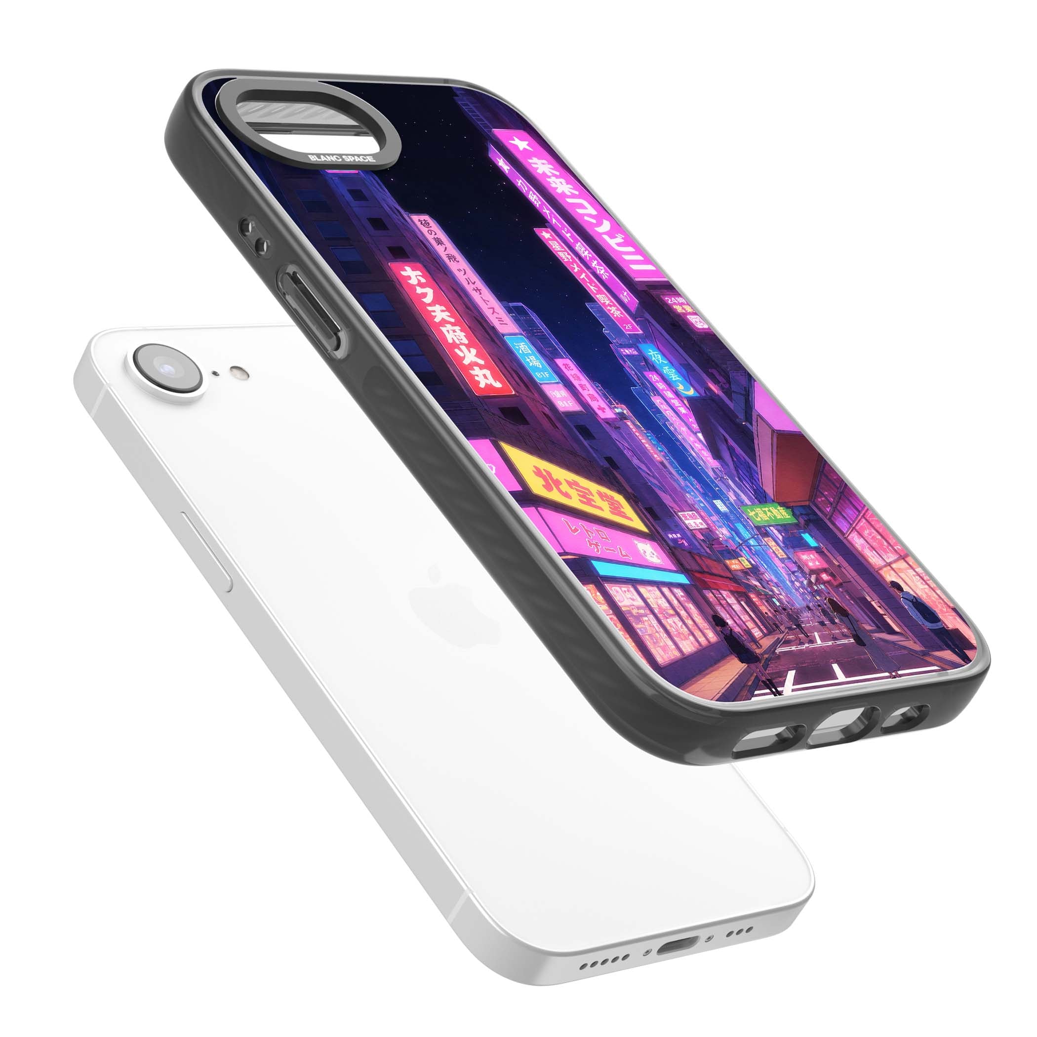Shibuya At Night Japanese neon city iPhone case featuring glowing kanji signs, pink storefronts and a Tokyo street at n | Black Impact case for iPhone 16e, iPhone 17e
