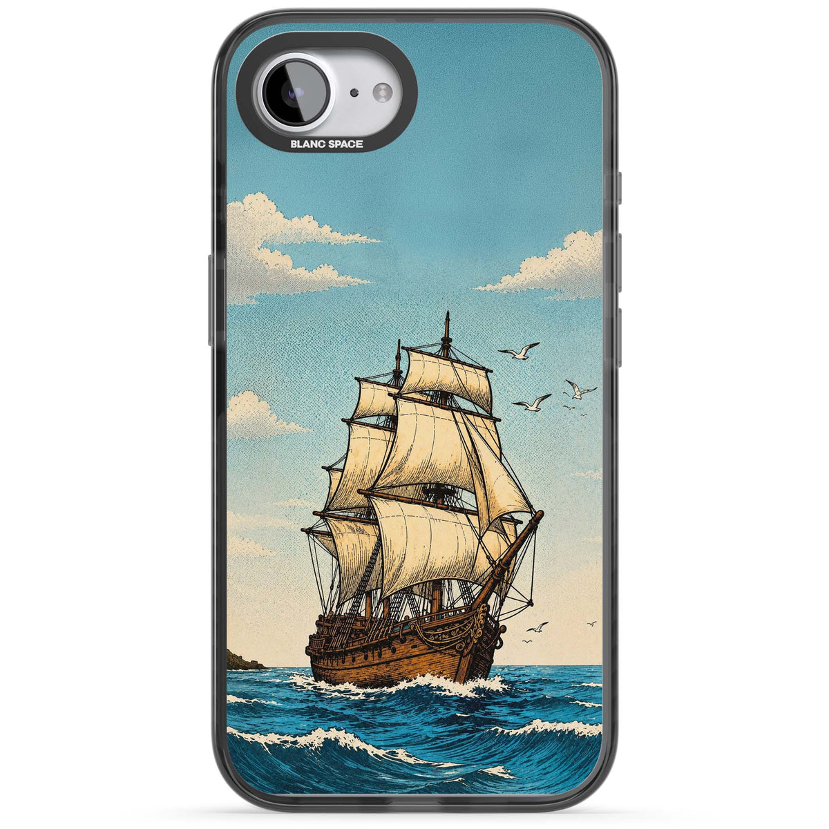 Ship at Sea nautical iPhone case featuring a vintage tall ship, ocean waves and seagulls | Black Impact case for iPhone 16e, iPhone 17e
