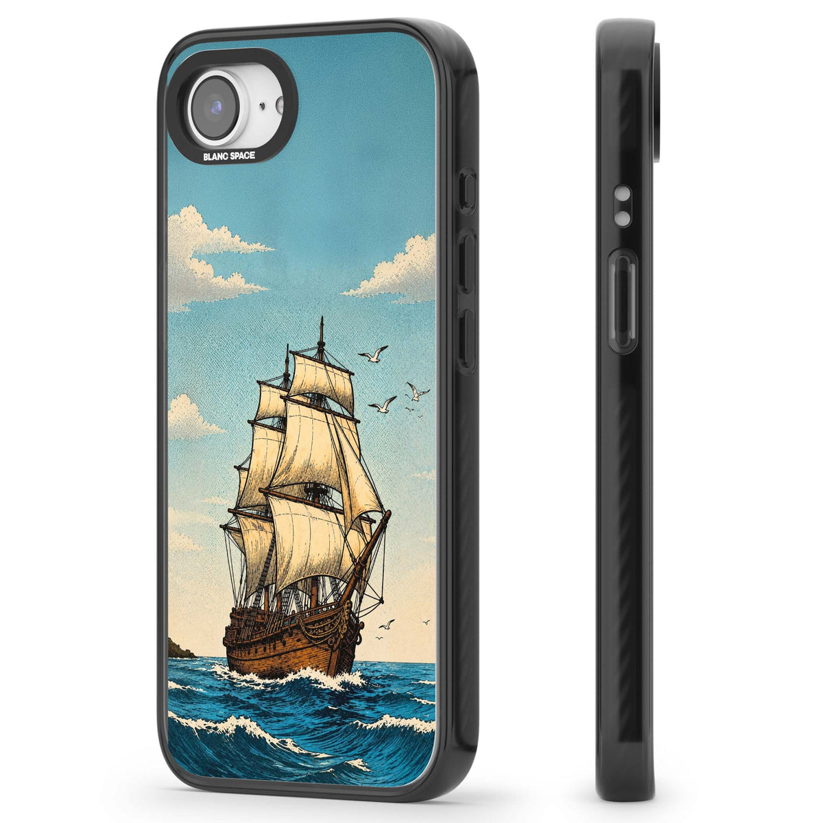 Ship at Sea nautical iPhone case featuring a vintage tall ship, ocean waves and seagulls | Black Impact case for iPhone 16e, iPhone 17e