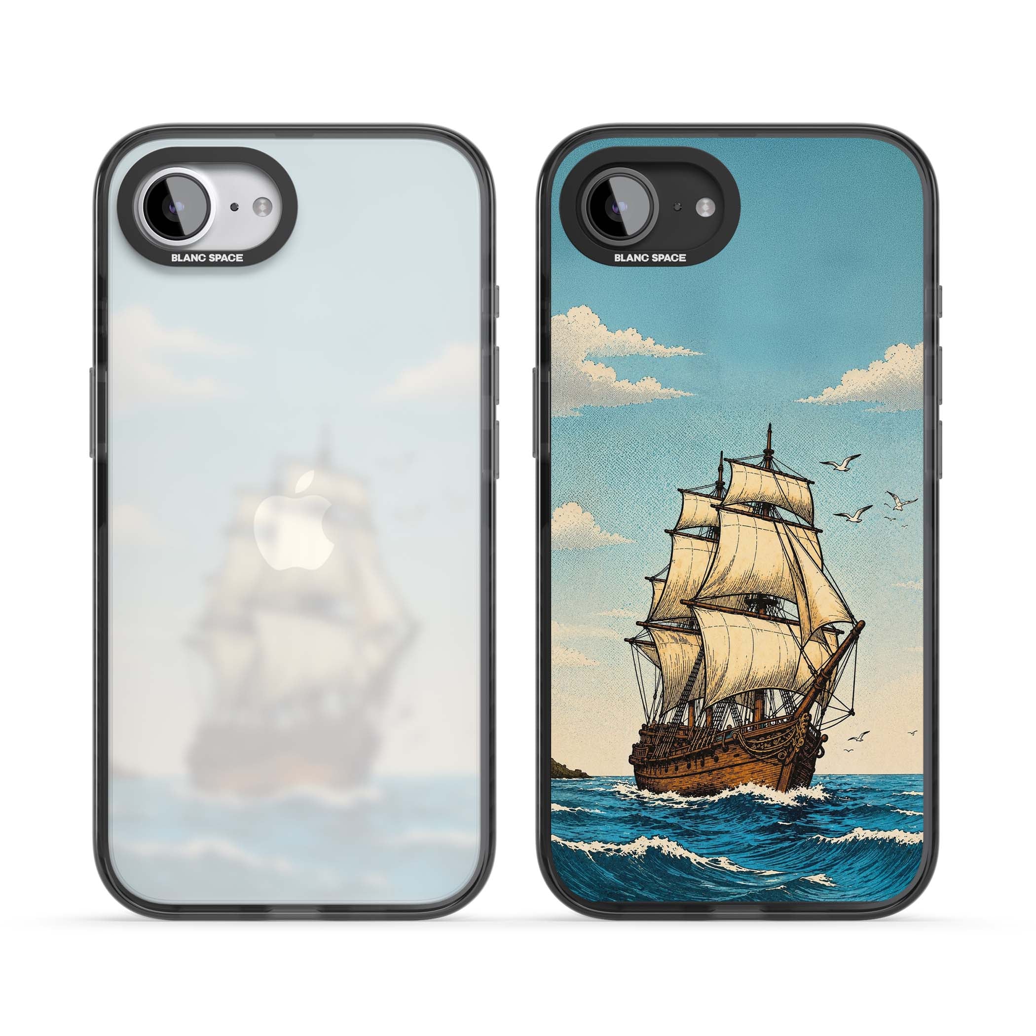 Ship at Sea nautical iPhone case featuring a vintage tall ship, ocean waves and seagulls | Black Impact case for iPhone 16e, iPhone 17e