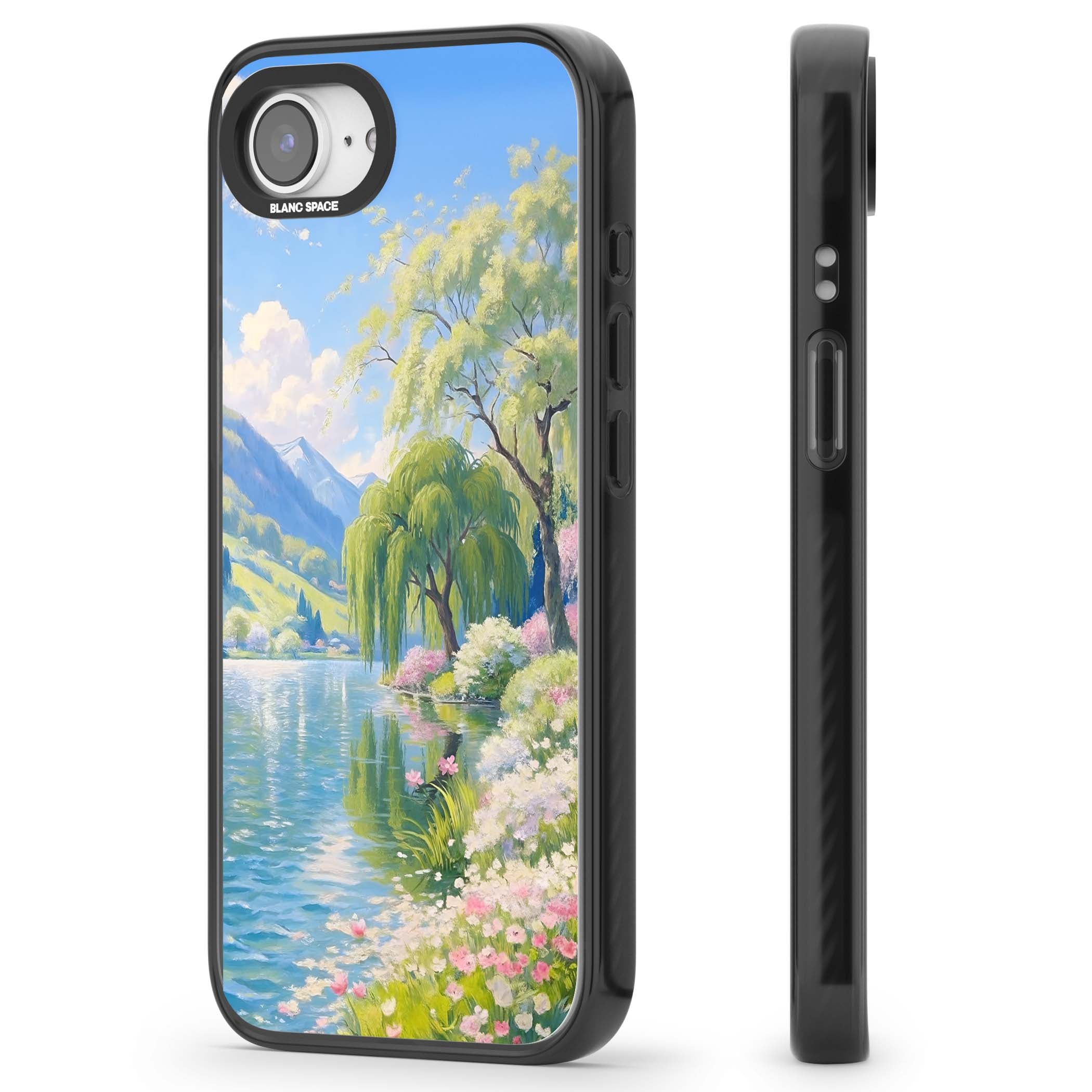 Willow Lake cottagecore iPhone case featuring a painted lakeside with weeping willow, blossoms and distant mountains | Black Impact case for iPhone 16e, iPhone 17e