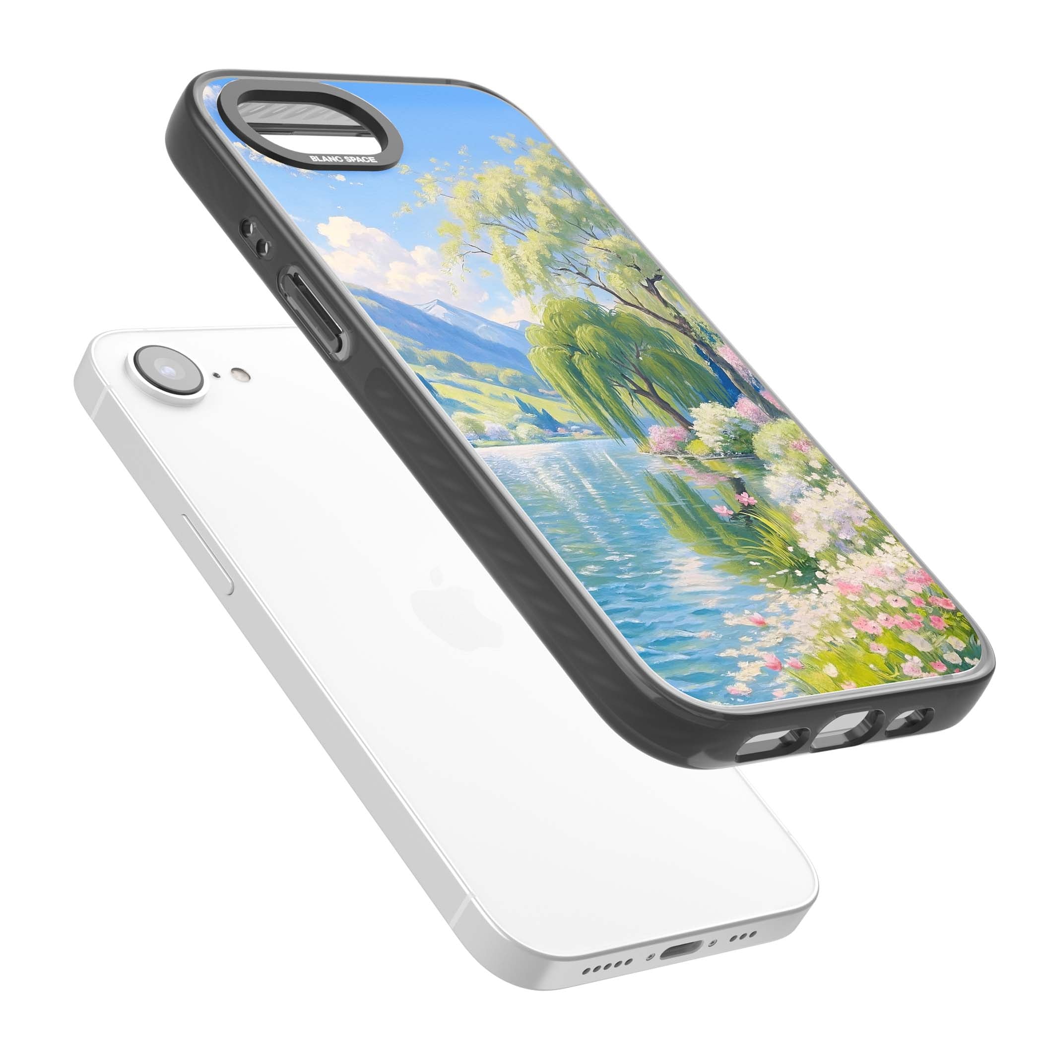 Willow Lake cottagecore iPhone case featuring a painted lakeside with weeping willow, blossoms and distant mountains | Black Impact case for iPhone 16e, iPhone 17e