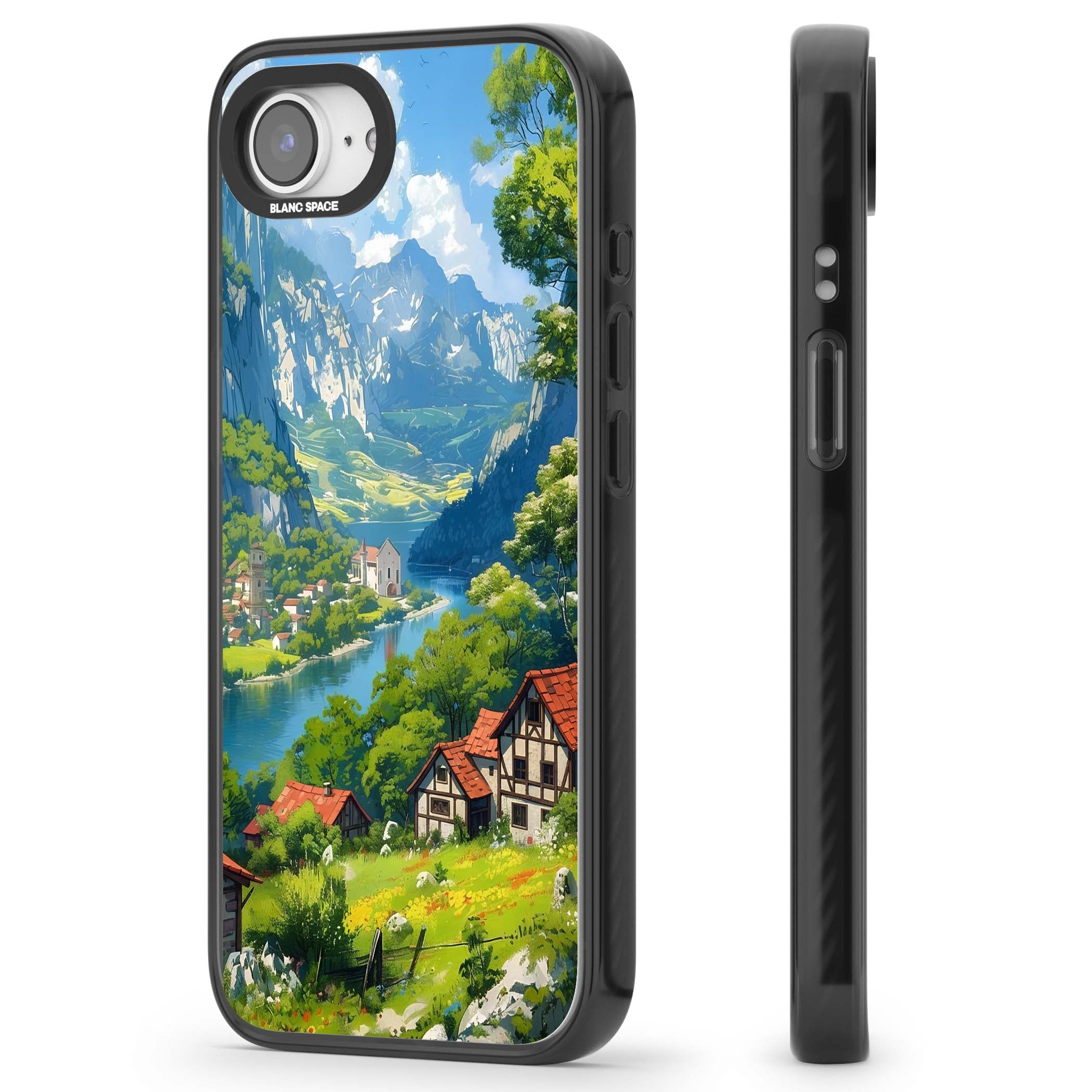 Village In The Valley anime iPhone case featuring a painted mountain village, river valley and half-timbered cottages. | Black Impact case for iPhone 16e, iPhone 17e