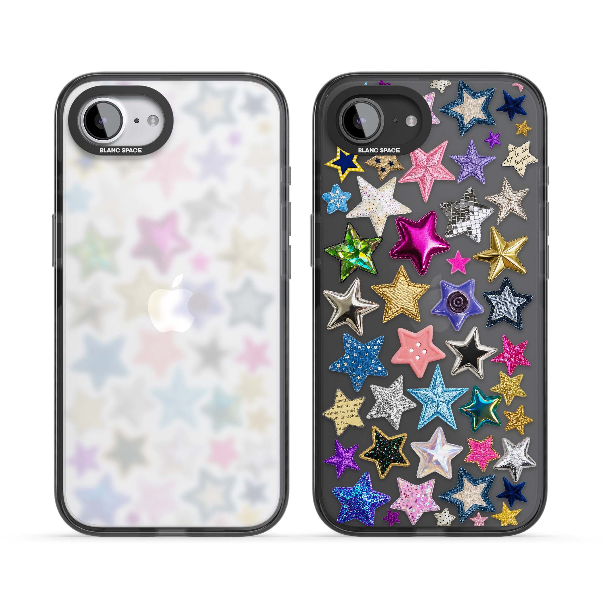 Crafty Star Mix Y2K iPhone case featuring embroidered, sequinned and glitter star patches in rainbow colours | Black Impact case for iPhone 16e, iPhone 17e