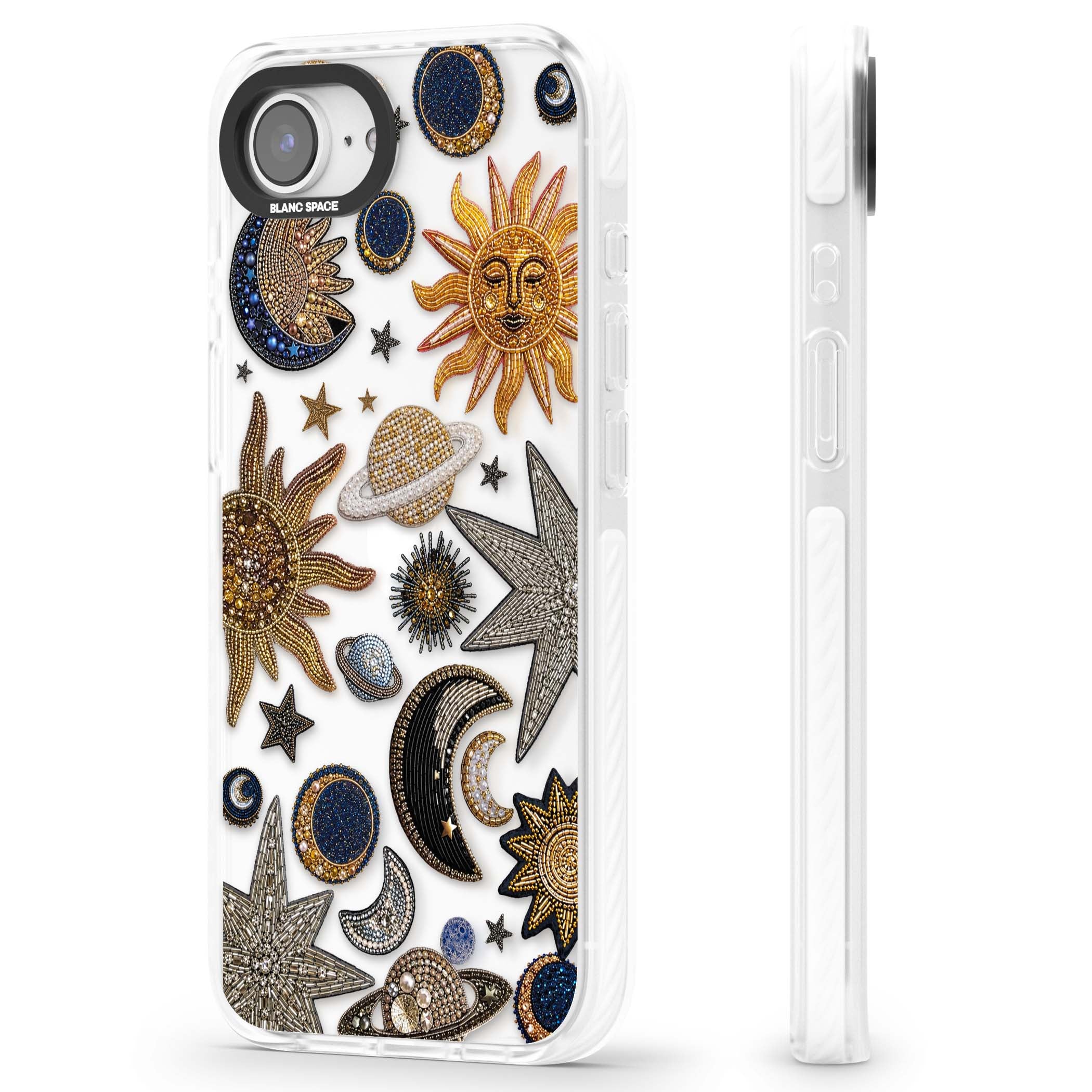 Beaded Cosmos celestial iPhone case featuring embroidered golden suns, beaded planets and silver shooting stars | Clear Impact case for iPhone 16e, iPhone 17e