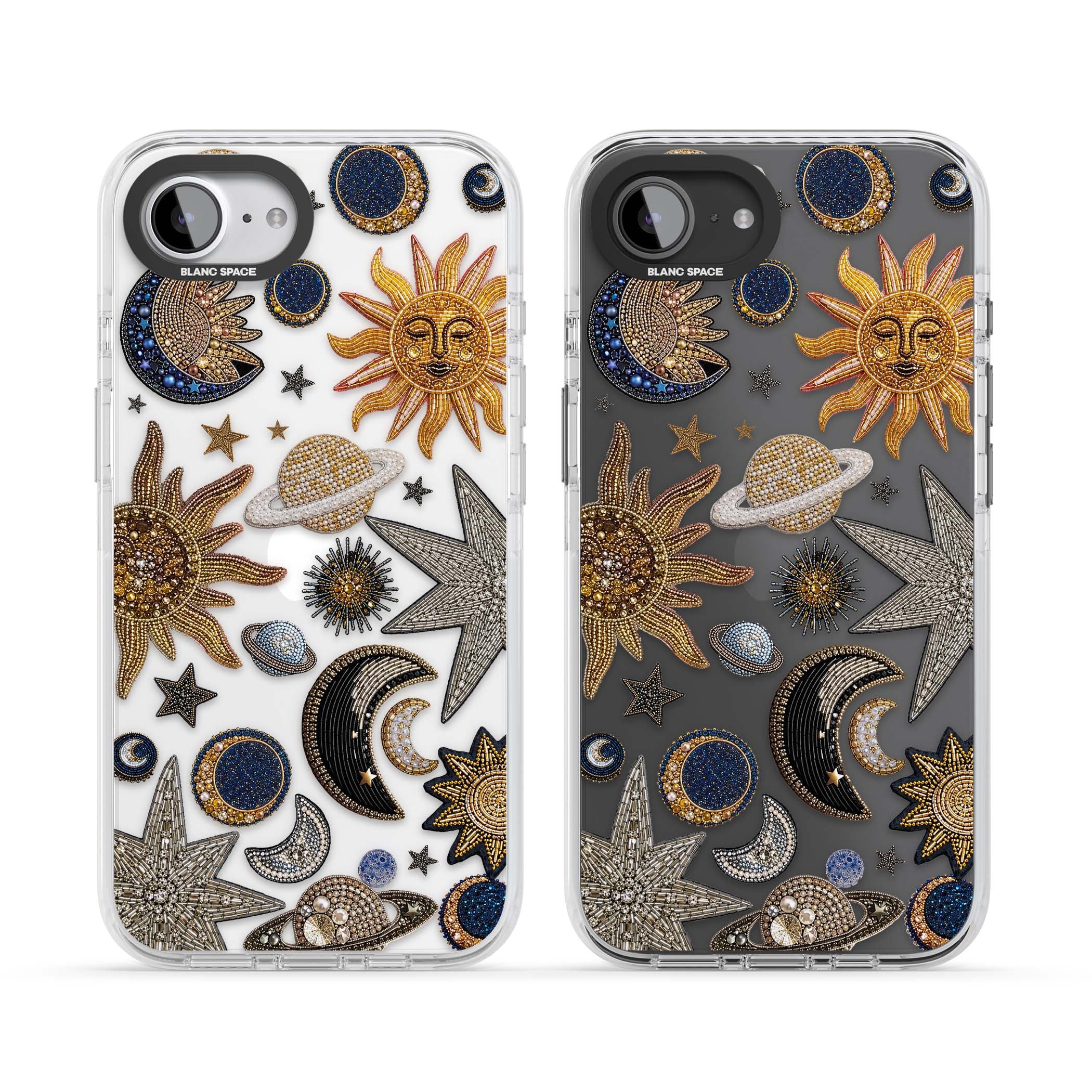 Beaded Cosmos celestial iPhone case featuring embroidered golden suns, beaded planets and silver shooting stars | Clear Impact case for iPhone 16e, iPhone 17e
