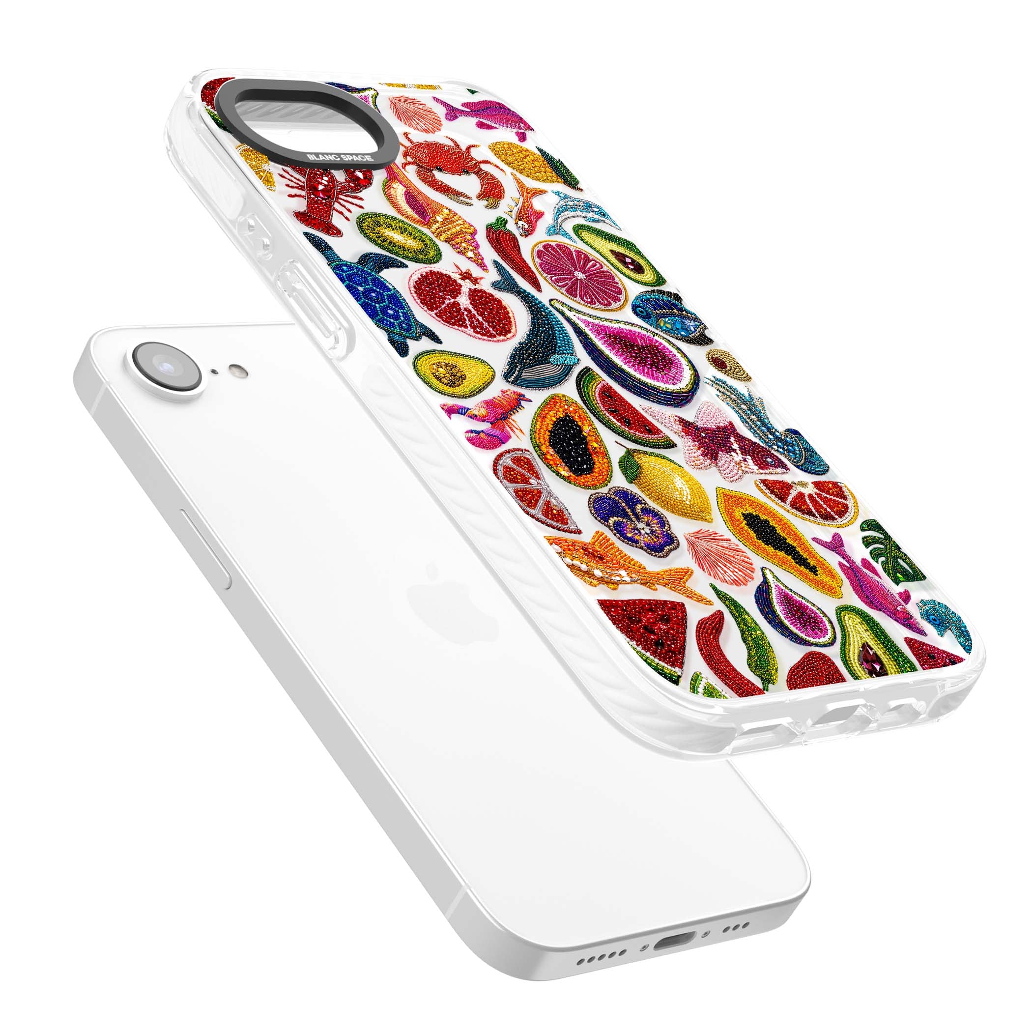Beaded Tropic tropical iPhone case featuring beaded fruit, fish, crabs and seashells in vibrant colour | Clear Impact case for iPhone 16e, iPhone 17e