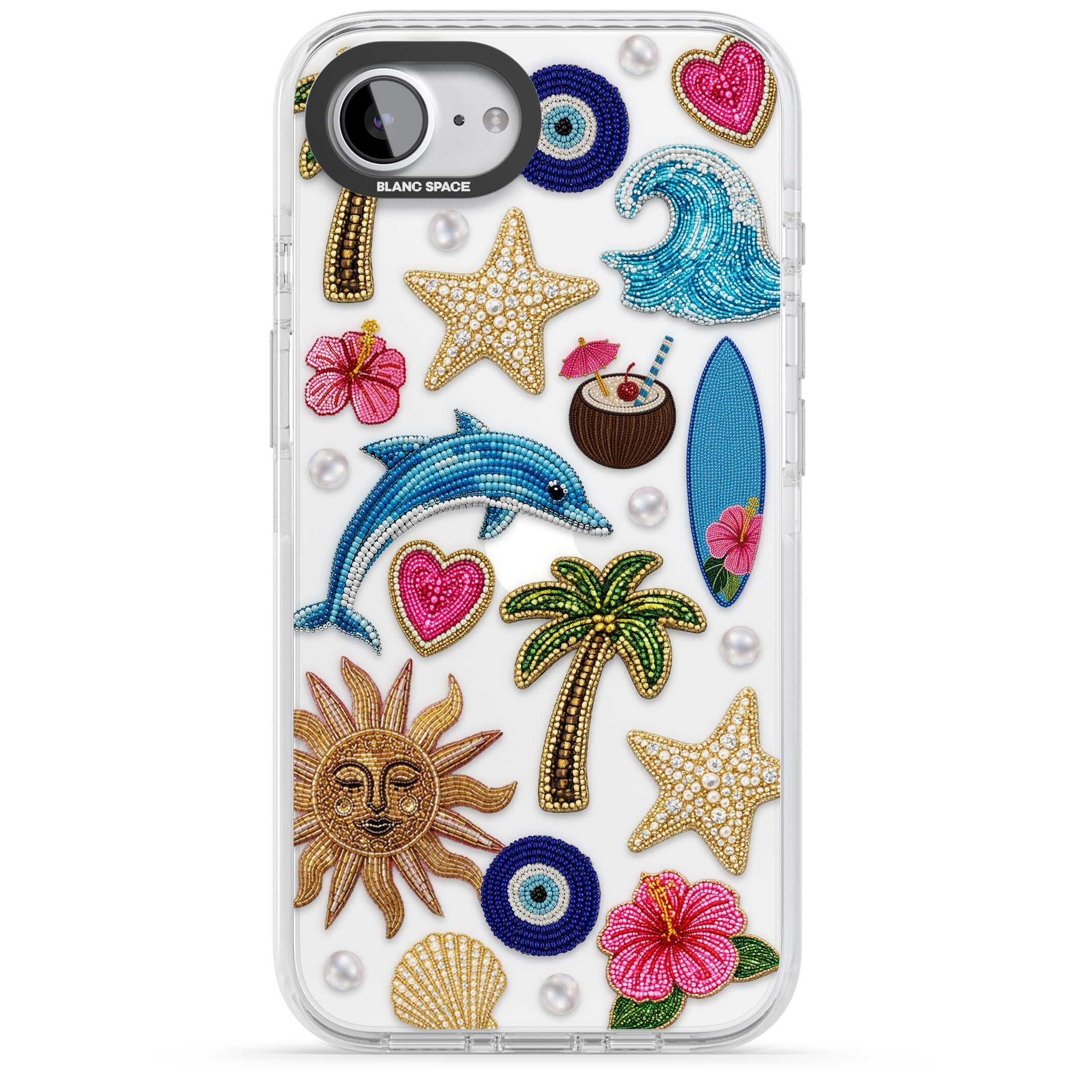 Beaded Beach coastal summer iPhone case featuring embroidered evil eye, hibiscus flowers, dolphin and palm tree patches | Clear Impact case for iPhone 16e, iPhone 17e