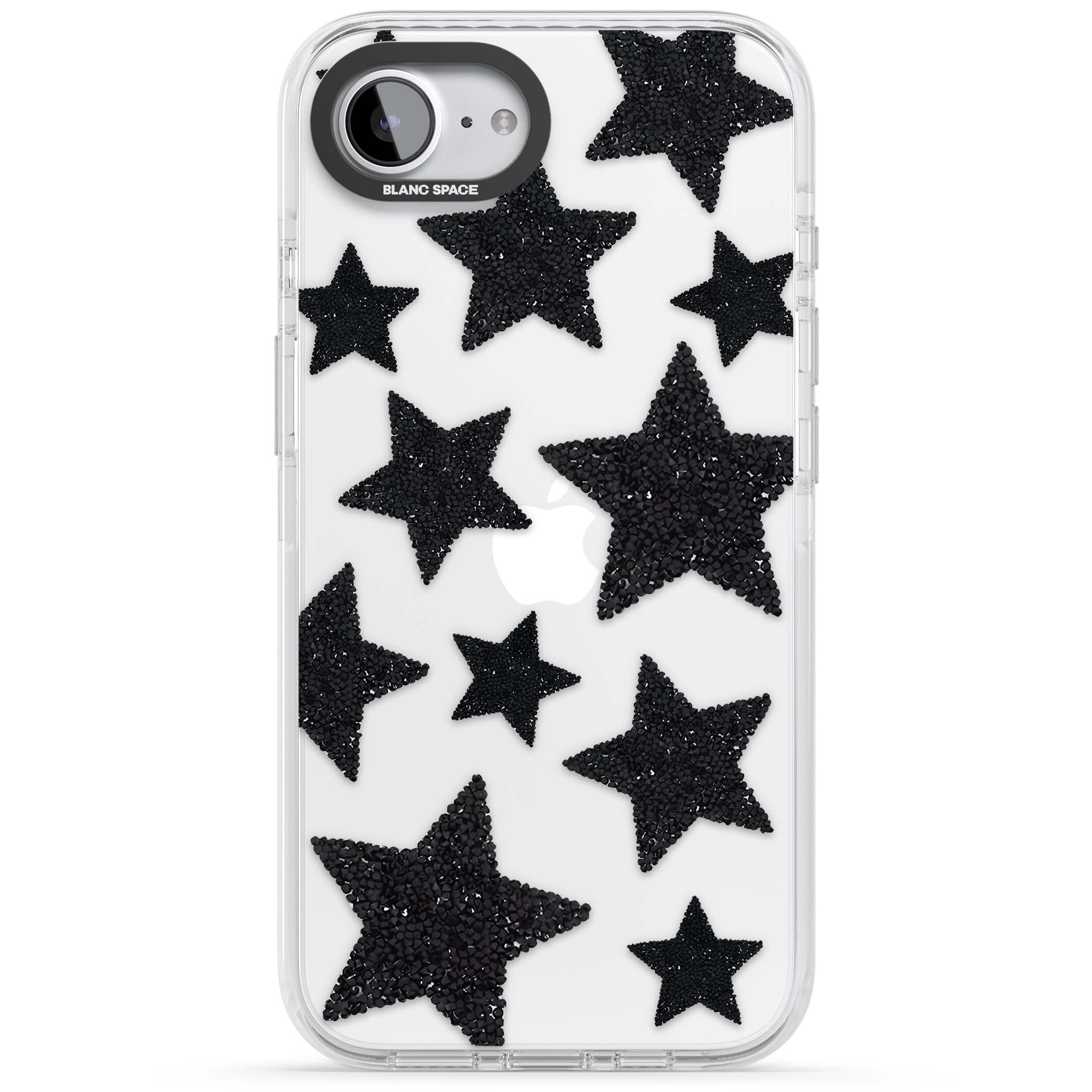 Beaded Black Stars celestial iPhone case featuring black glitter beaded stars scattered on a clear background | Clear Impact case for iPhone 16e, iPhone 17e