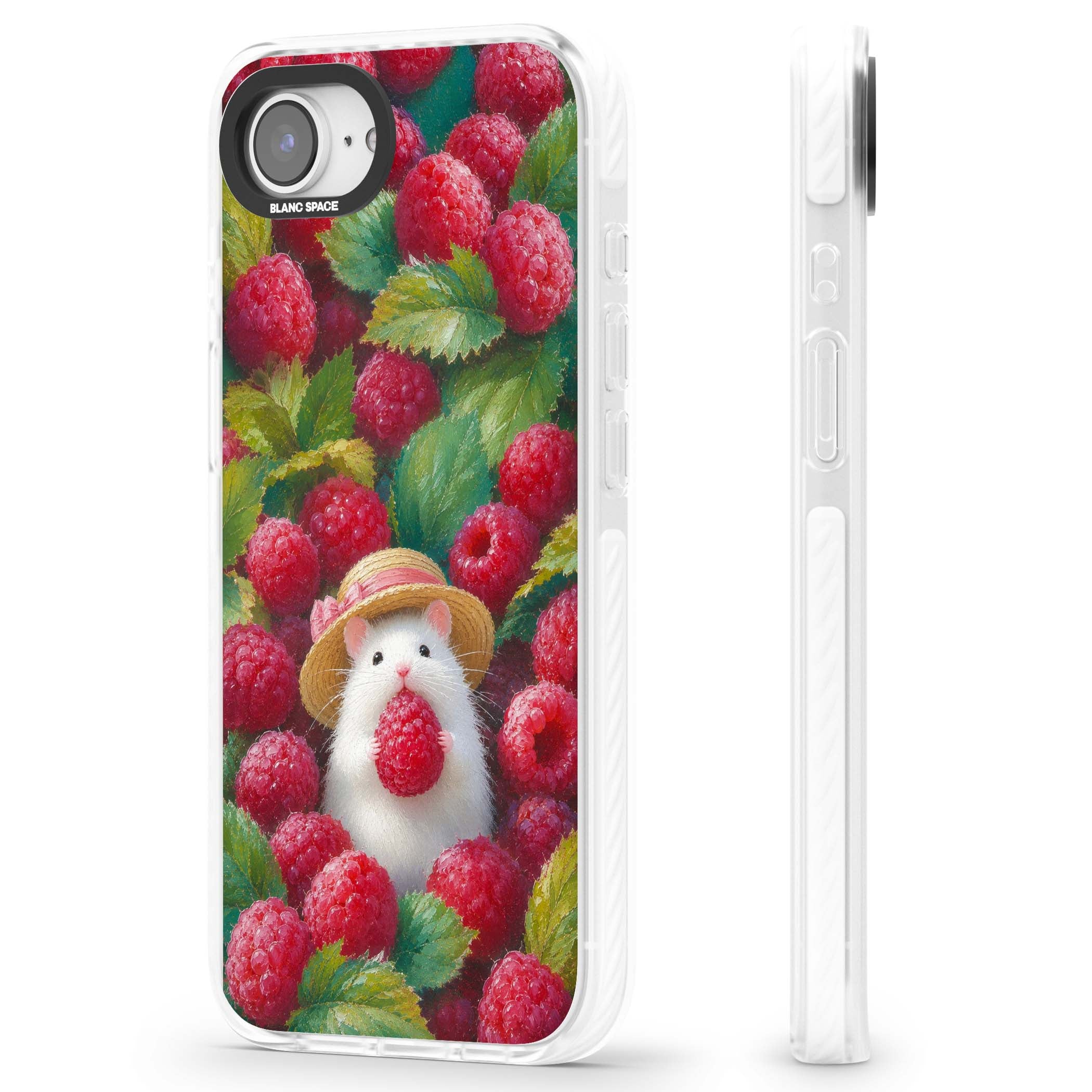 Berry Forager cottagecore iPhone case featuring a white hamster in a straw hat holding a raspberry surrounded by ripe ber | Clear Impact case for iPhone 16e, iPhone 17e