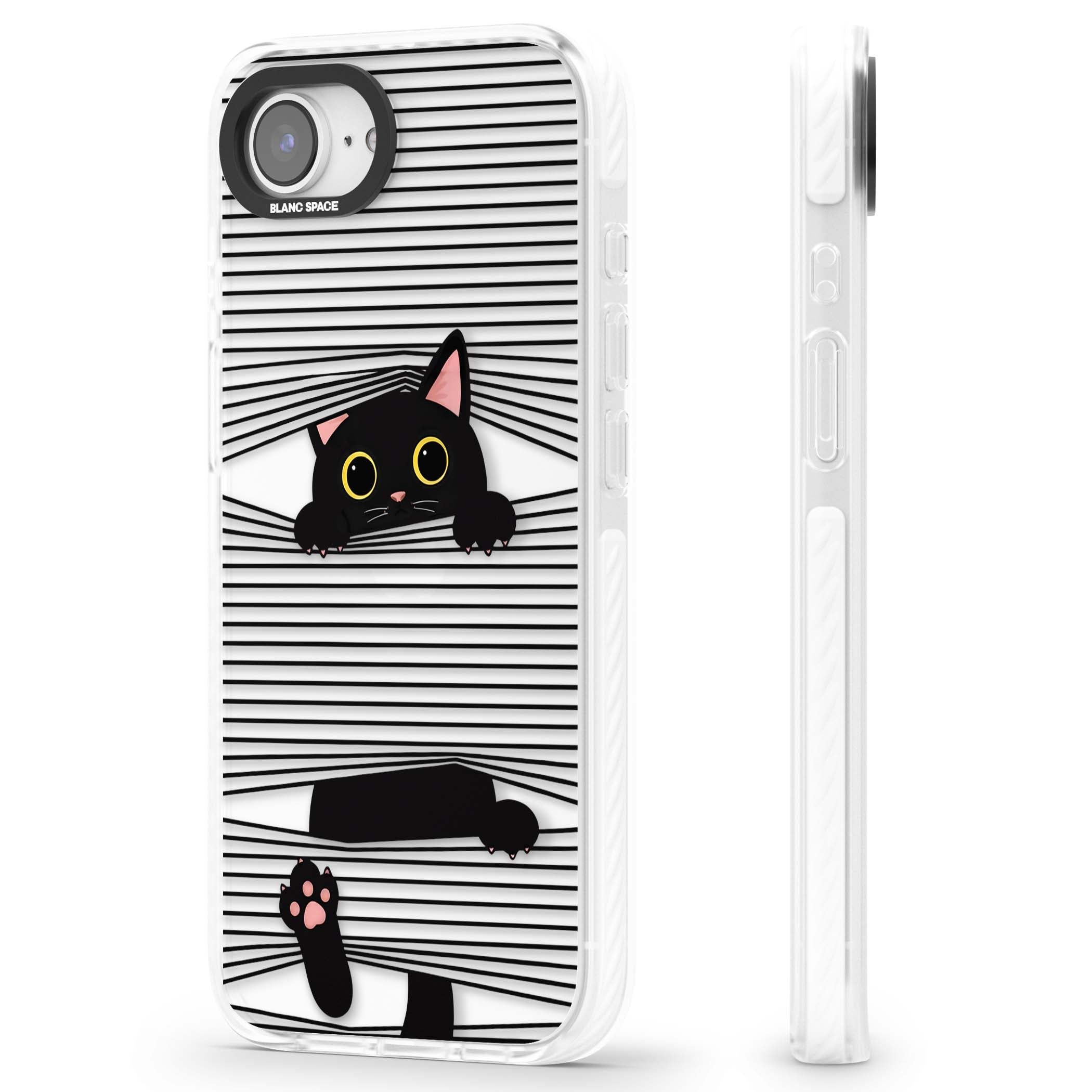 Peek-a-Boo Cat minimal iPhone case featuring black cat peeking through horizontal black and white stripes | Clear Impact case for iPhone 16e, iPhone 17e