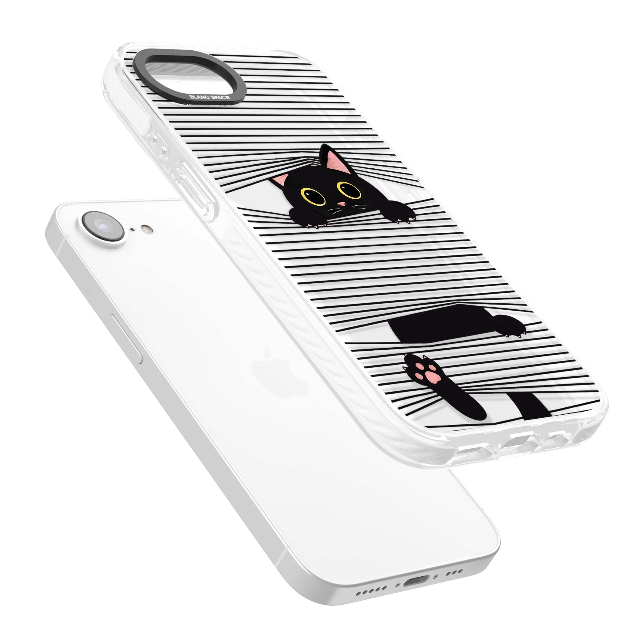 Peek-a-Boo Cat minimal iPhone case featuring black cat peeking through horizontal black and white stripes | Clear Impact case for iPhone 16e, iPhone 17e