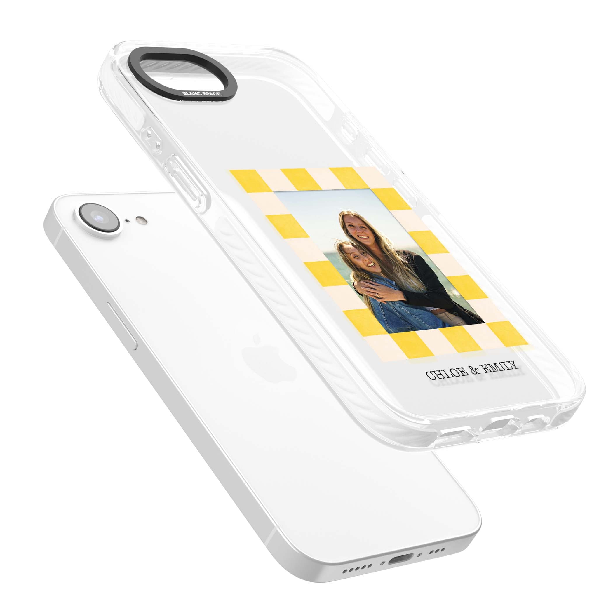 Yellow Check Photo personalised iPhone case with yellow checkered Polaroid frame and custom names beneath | Clear Impact case for iPhone 16e, iPhone 17e