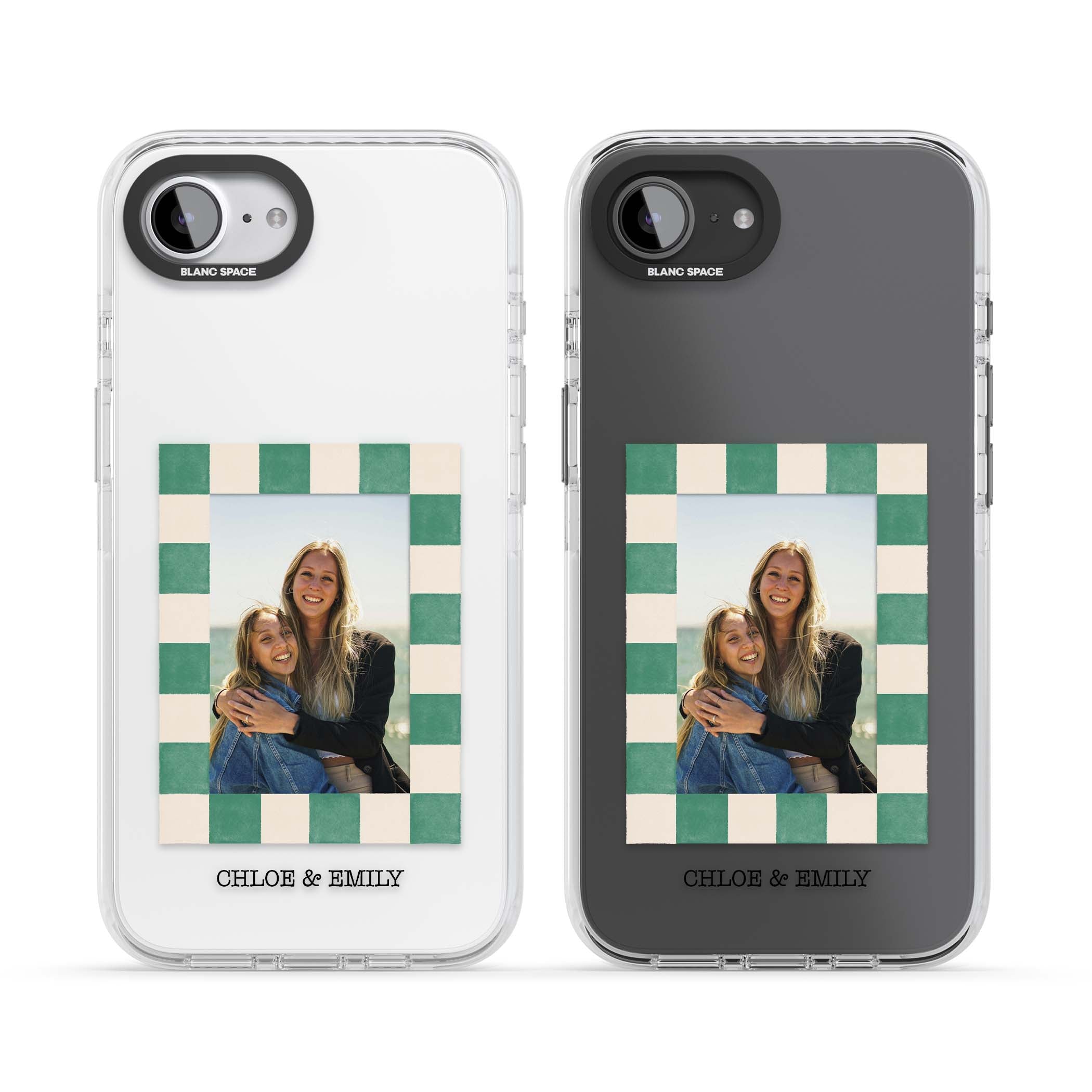 Seafoam Check Photo personalised iPhone case featuring a custom polaroid photo, green and cream checkered frame, and custom n | Clear Impact case for iPhone 16e, iPhone 17e