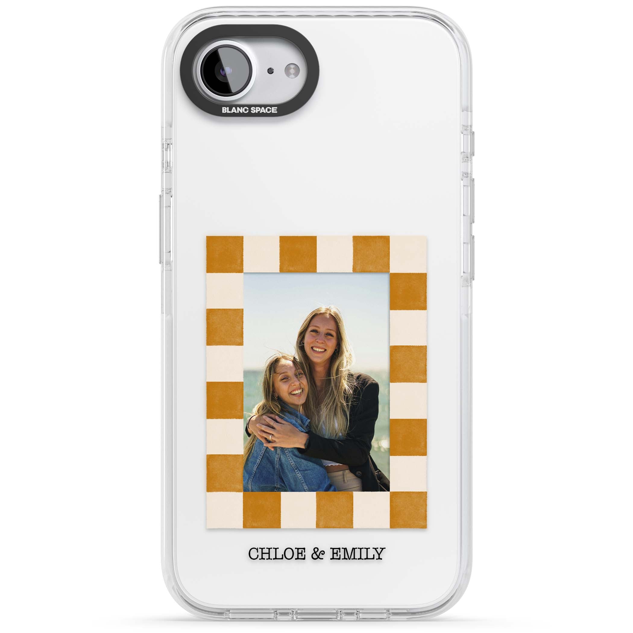 Citrus Check Photo personalised iPhone case with custom photo, orange checkered frame and names underneath | Clear Impact case for iPhone 16e, iPhone 17e