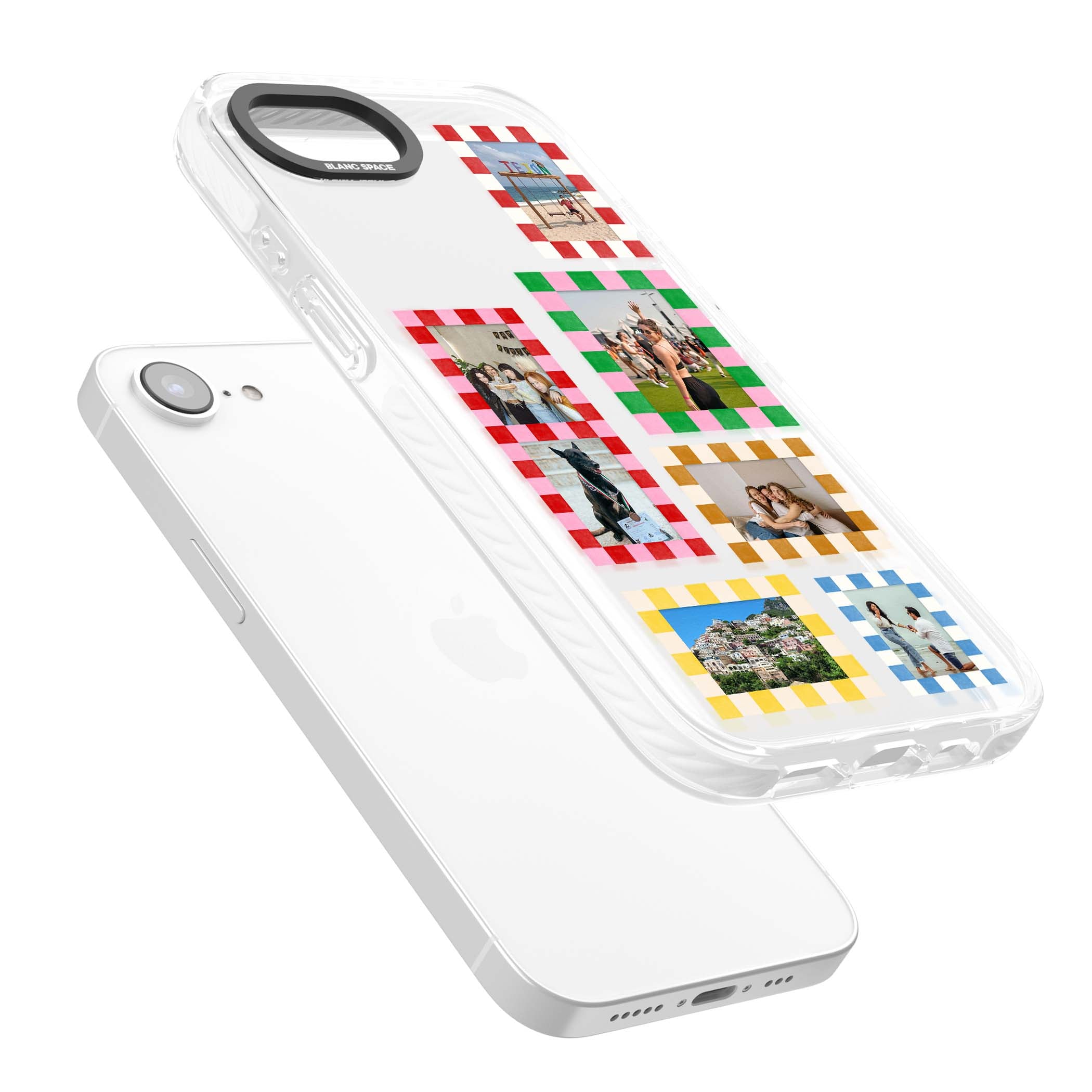 Italian Check Frames custom photo collage iPhone case featuring six checkered photo frames in red, green, pink and  | Clear Impact case for iPhone 16e, iPhone 17e