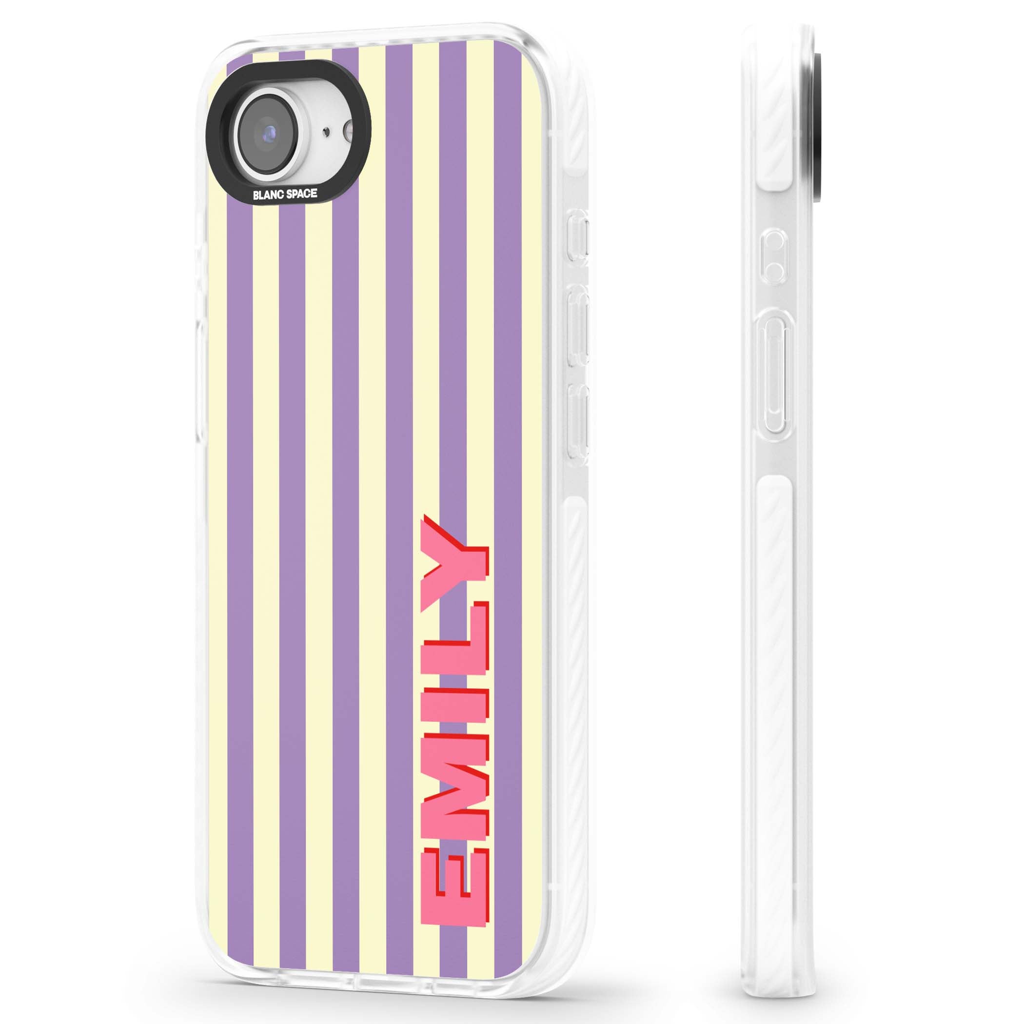 Valensole Stripe personalised iPhone case with purple and cream vertical stripes and pink custom name | Clear Impact case for iPhone 16e, iPhone 17e