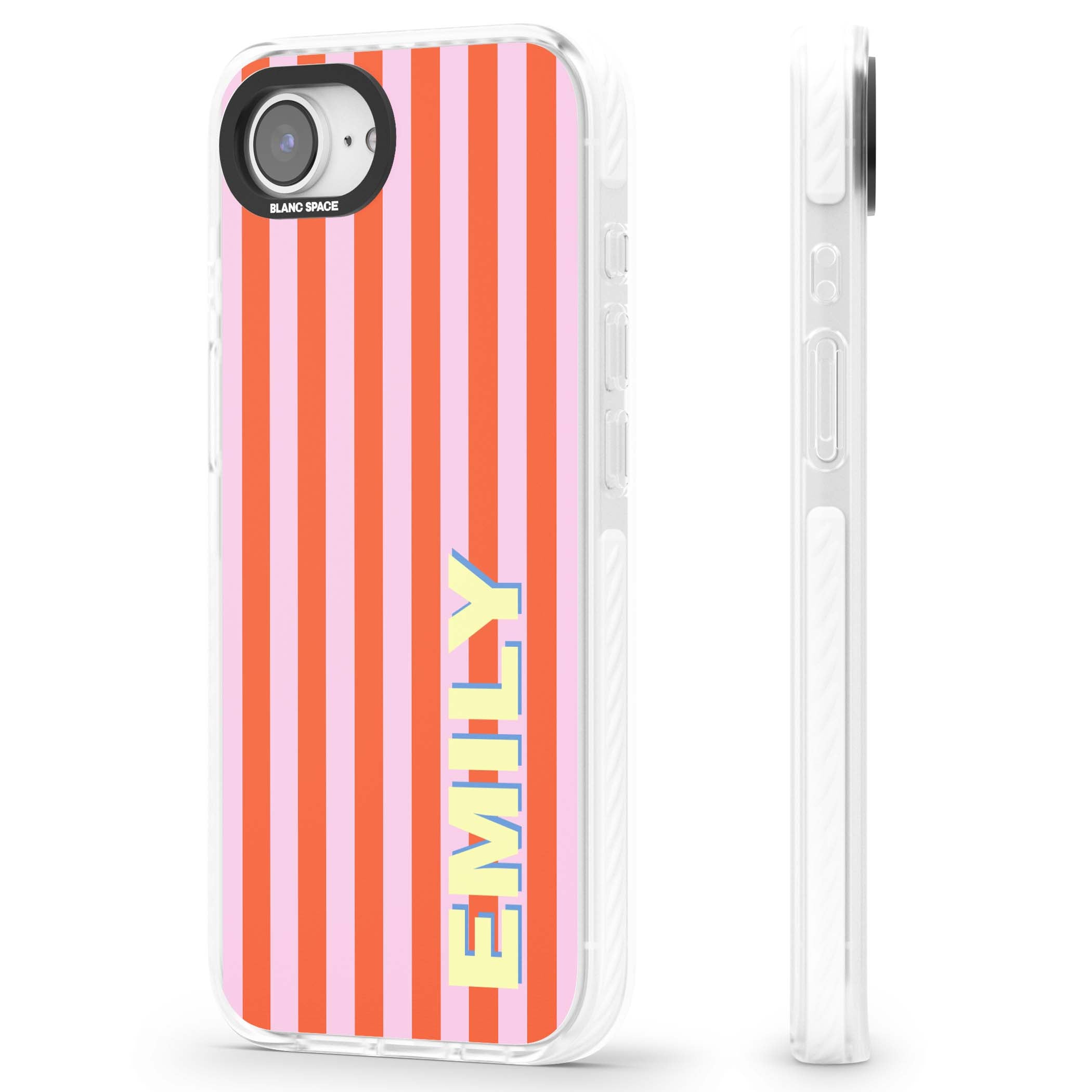 Havana Stripe personalised iPhone case featuring pink and orange vertical stripes with a custom yellow name | Clear Impact case for iPhone 16e, iPhone 17e