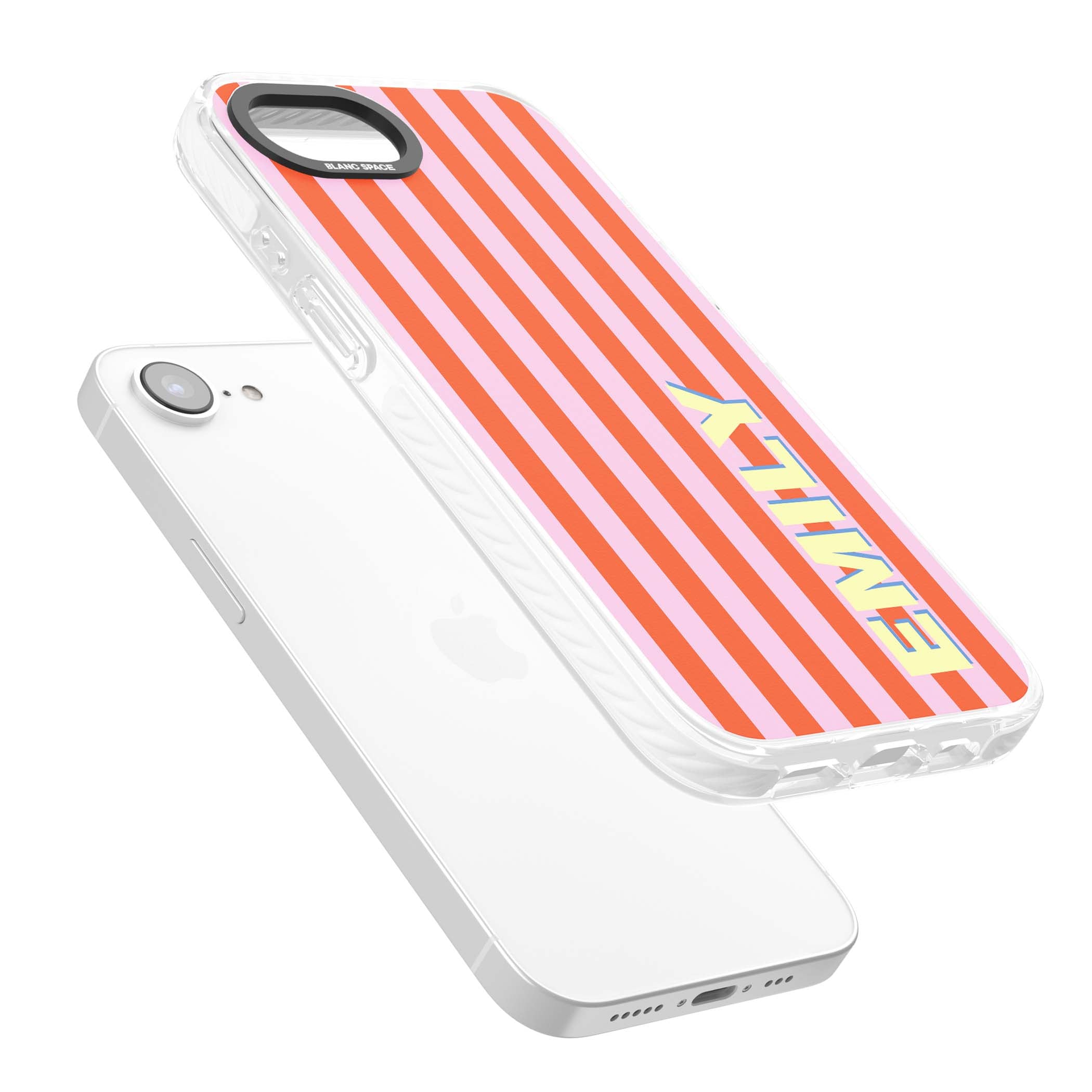 Havana Stripe personalised iPhone case featuring pink and orange vertical stripes with a custom yellow name | Clear Impact case for iPhone 16e, iPhone 17e