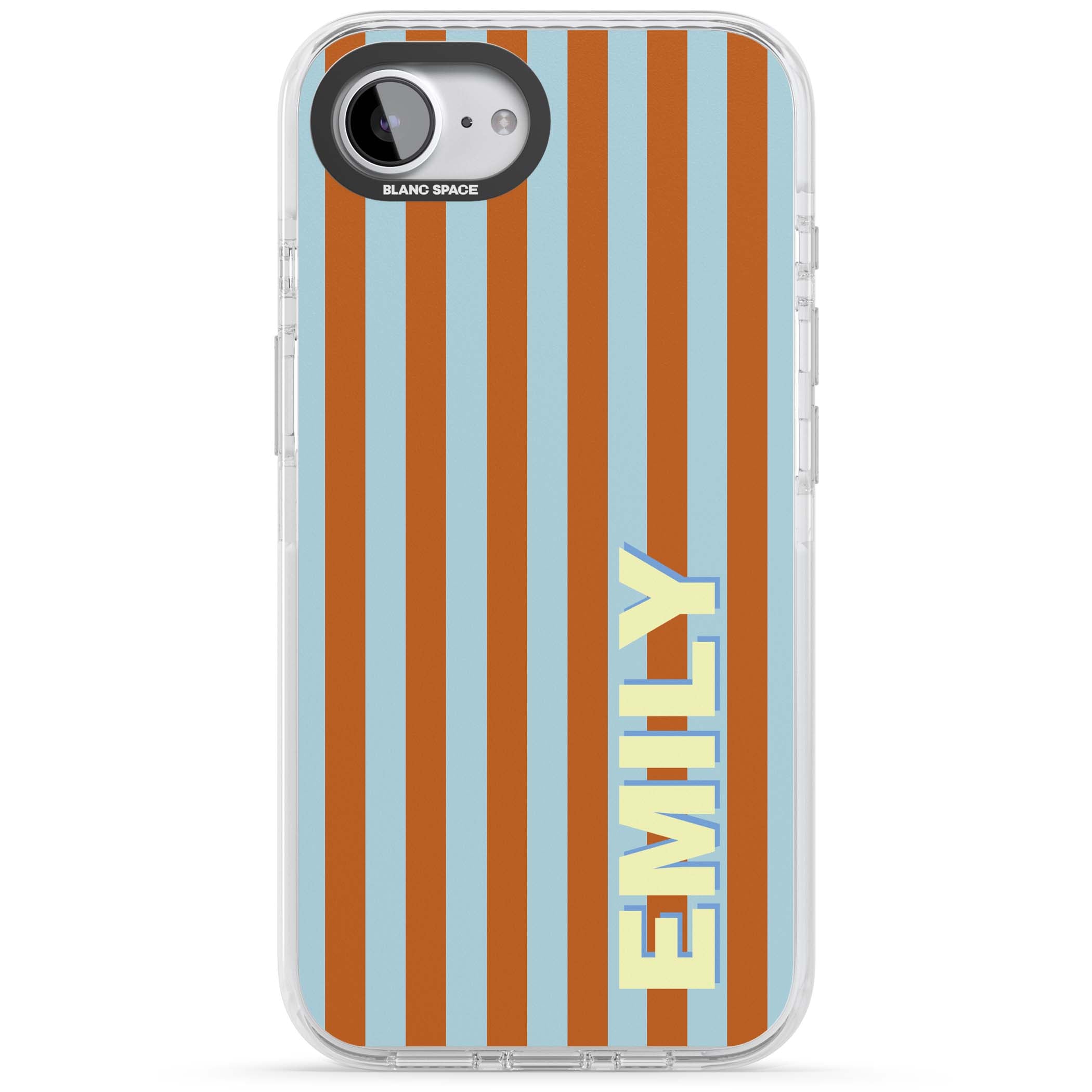 Cappadocia Stripe personalised coastal iPhone case featuring blue and orange vertical stripes with custom cream name | Clear Impact case for iPhone 16e, iPhone 17e