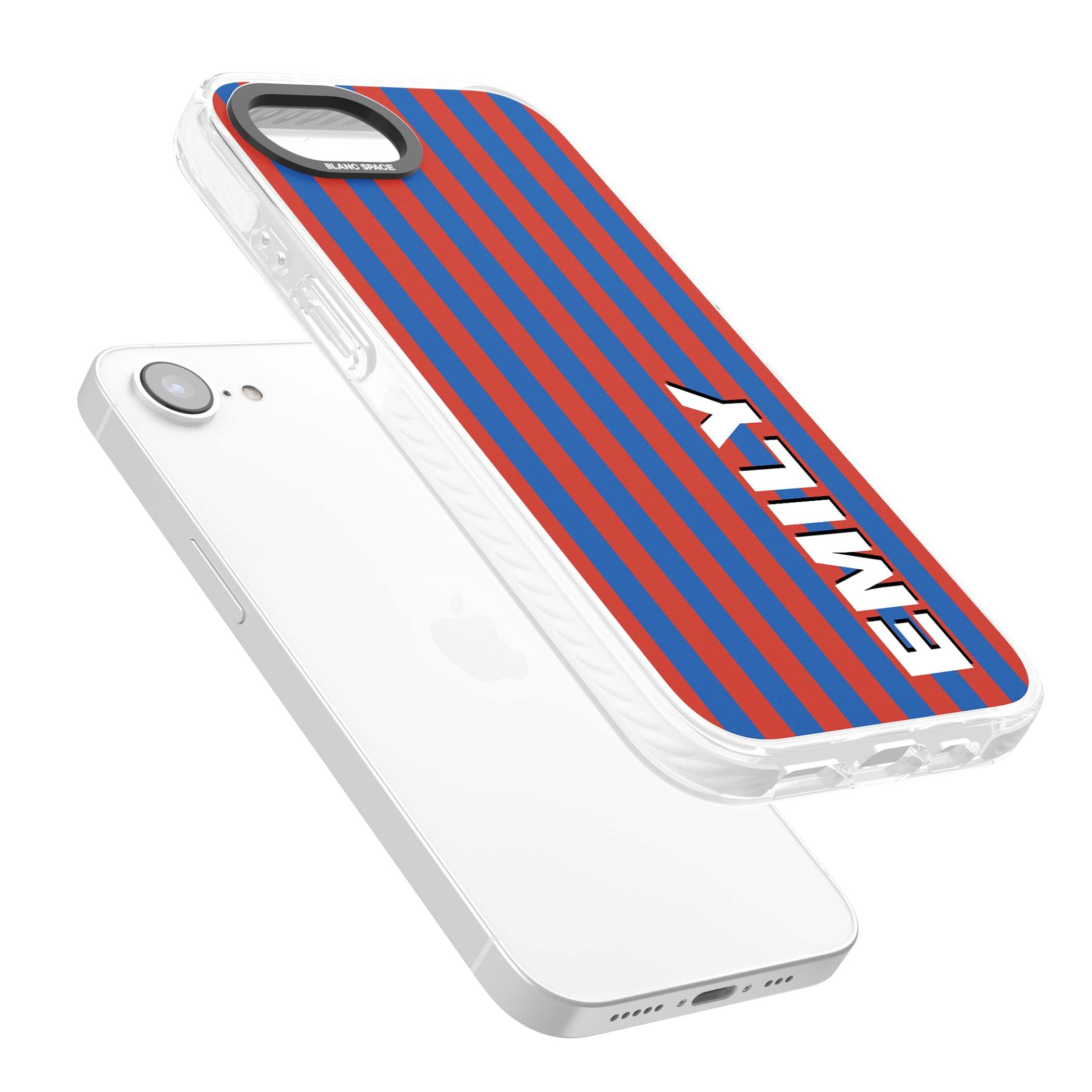 Cuban Stripe personalised iPhone case featuring red and blue vertical stripes with custom name in bold white letters | Clear Impact case for iPhone 16e, iPhone 17e