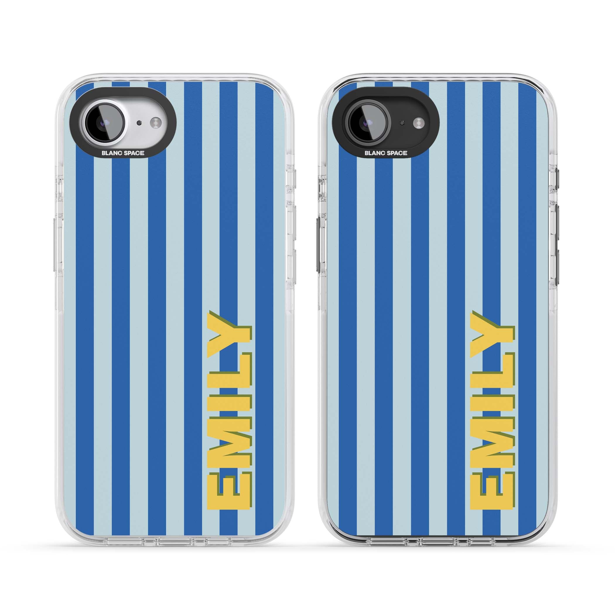 Athenian Stripe personalised preppy iPhone case featuring blue vertical stripes and a custom yellow name | Clear Impact case for iPhone 16e, iPhone 17e