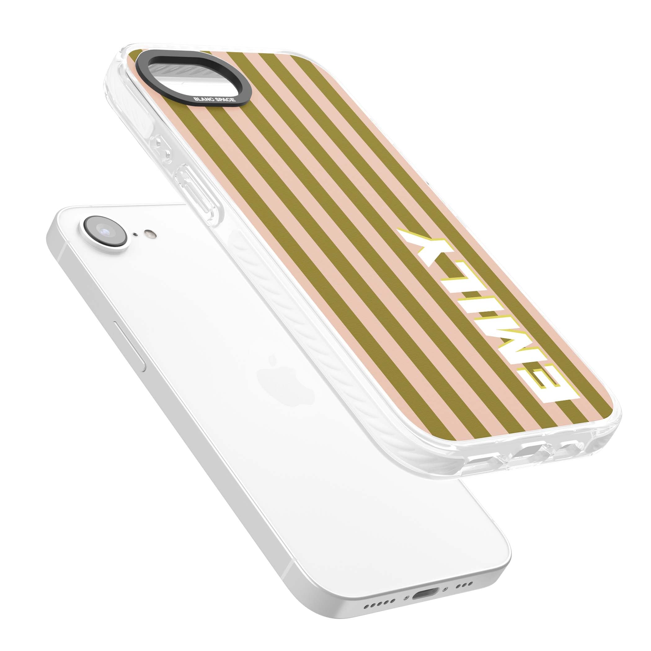 Indian Stripe personalised iPhone case featuring olive green and blush pink vertical stripes with custom name in whit | Clear Impact case for iPhone 16e, iPhone 17e